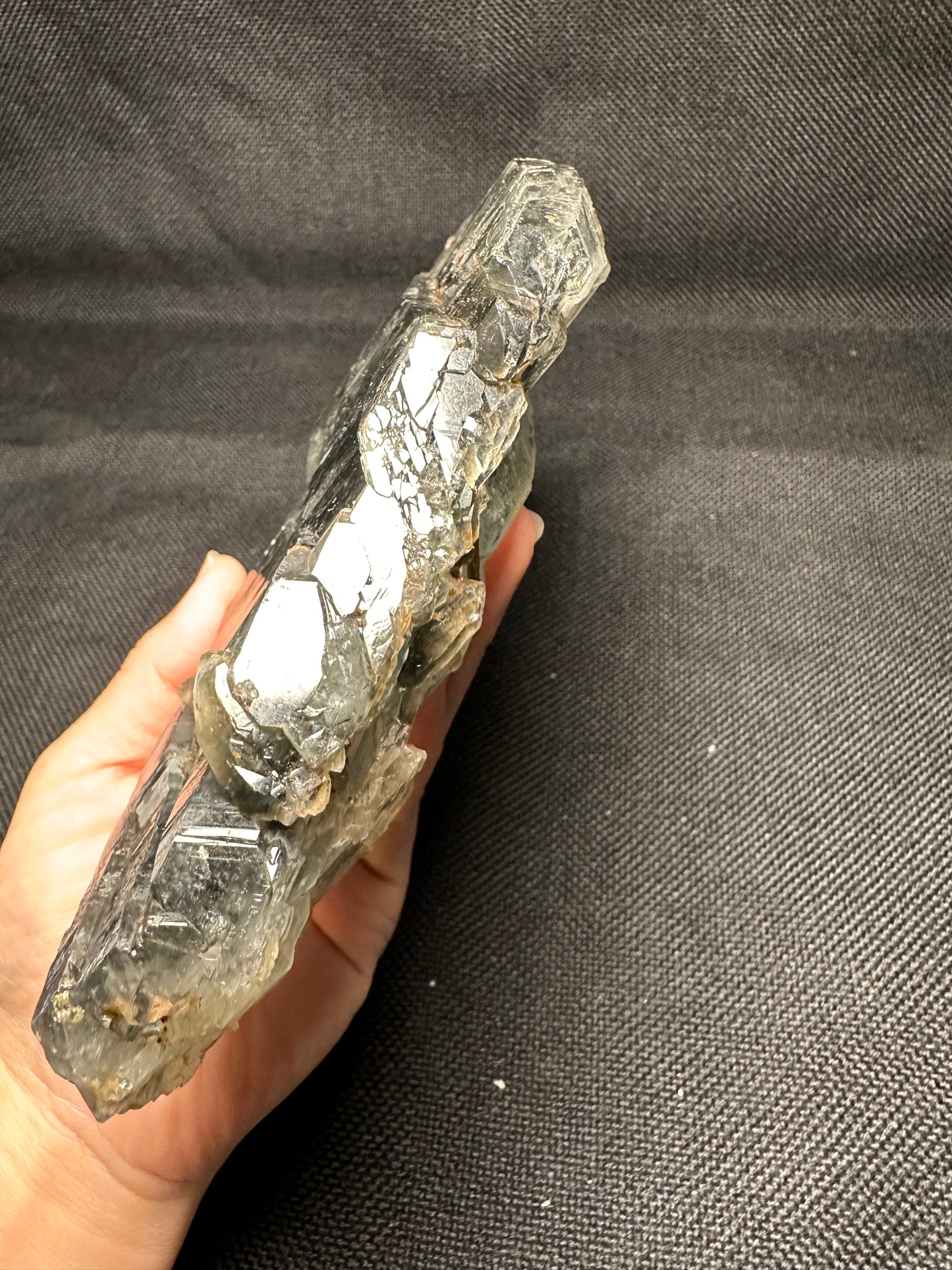 Large Flat Clear Elestial Quartz Crystal with Black Rutile included-double terminated Quartz