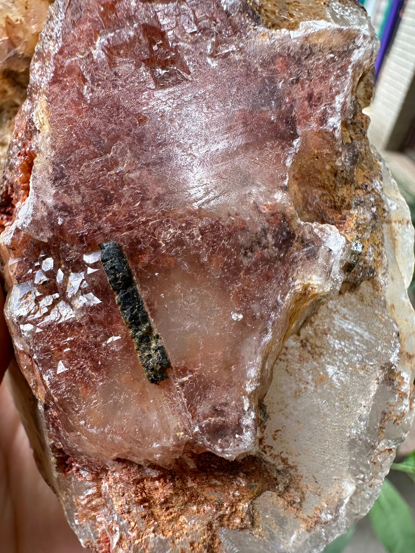 Rare Tangerine Amphibole & Green Tourmaline Grow with Quartz Crystal Point