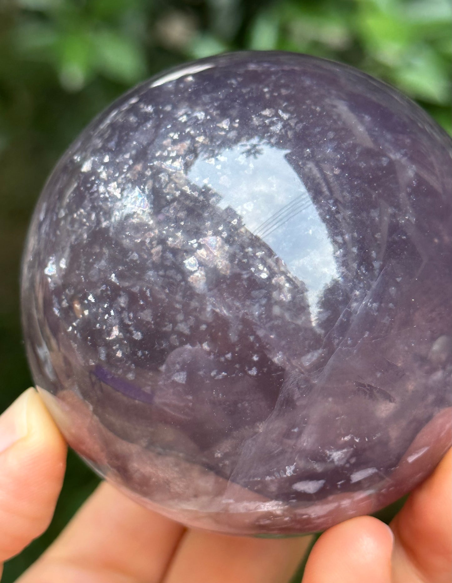 2.67" Purple Tats Fluorite Crystal Quartz Sphere with Rainbow Triangular Mica included/Yellow Fluorite Ball/Healing Stone/Reiki/Chakra/Zen