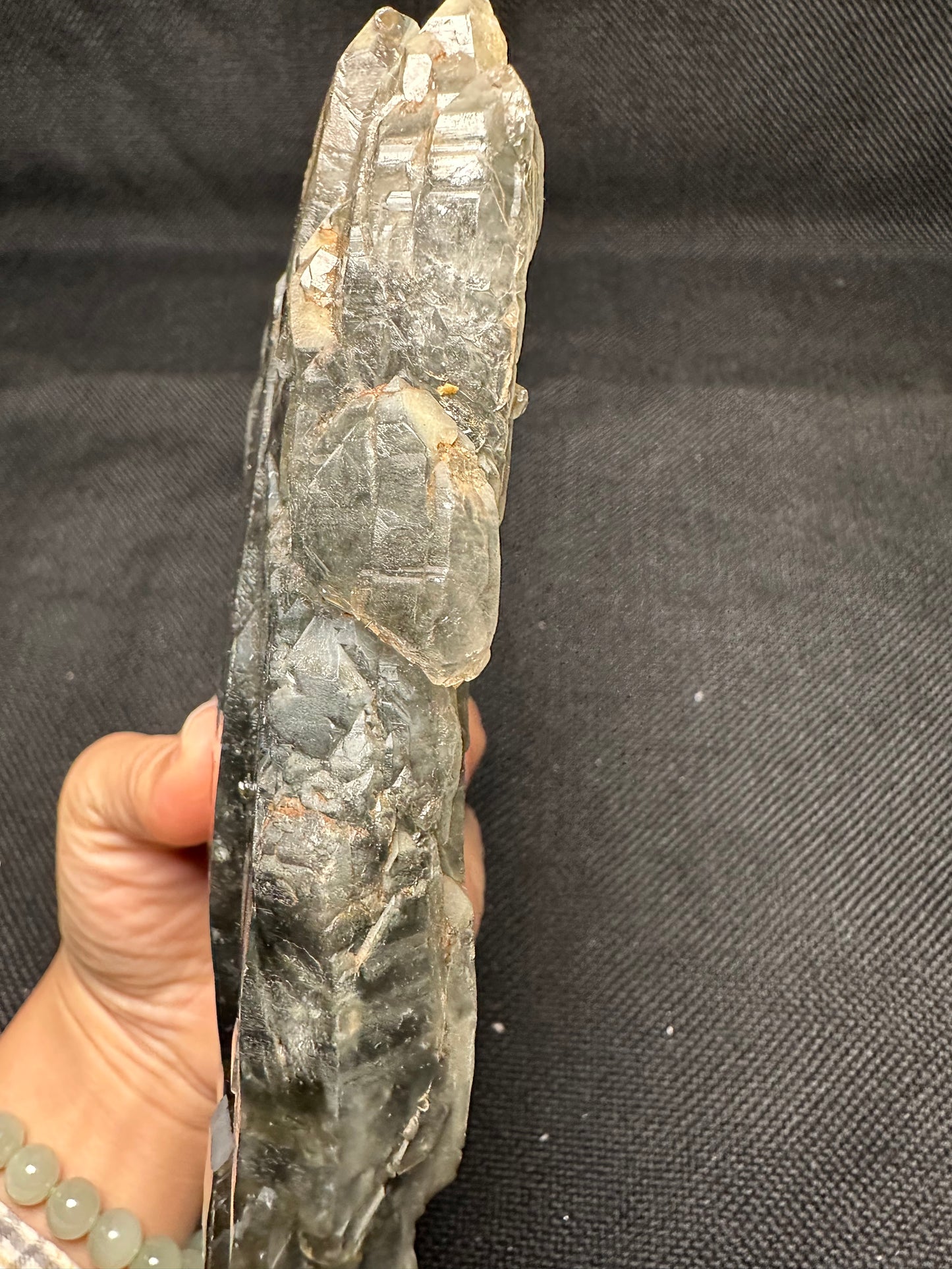 Large Flat Clear Elestial Quartz Crystal with Black Rutile included-double terminated Quartz