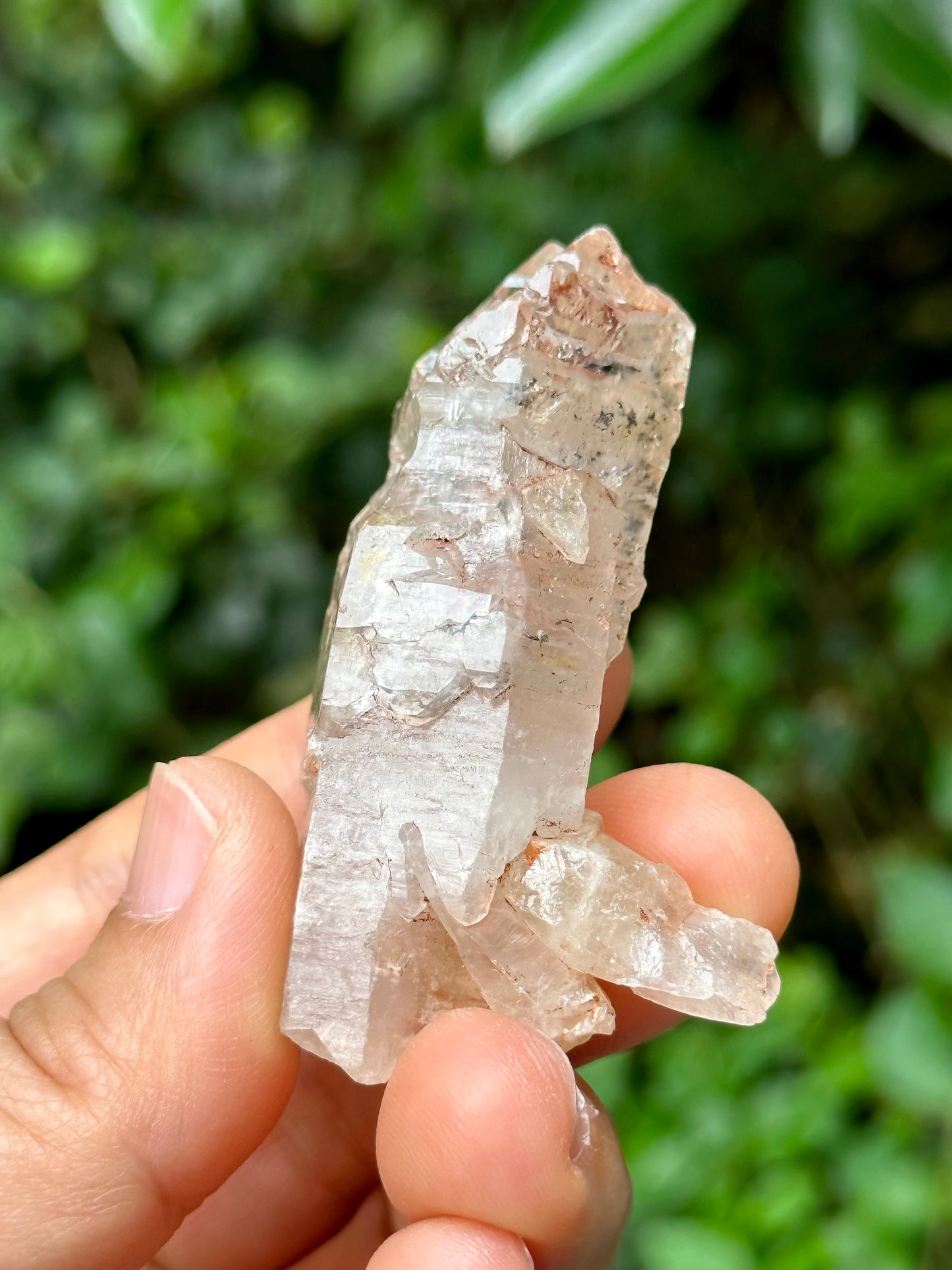 Rare Fluorescent Skeletal Enhydro Quartz Crystal Point with Red Mud-from Madagascar Scepter crystal/Energy Quartz-57*16*19mm 28g