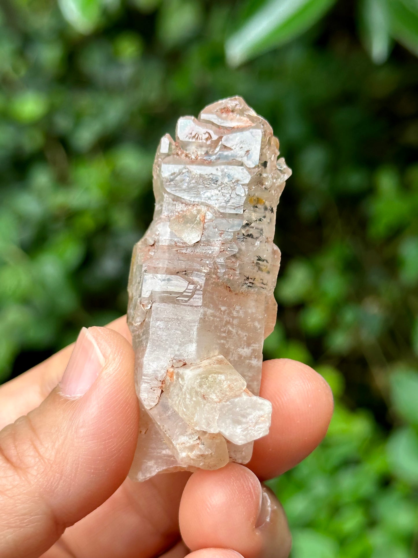 Rare Fluorescent Skeletal Enhydro Quartz Crystal Point with Red Mud-from Madagascar Scepter crystal/Energy Quartz-57*16*19mm 28g