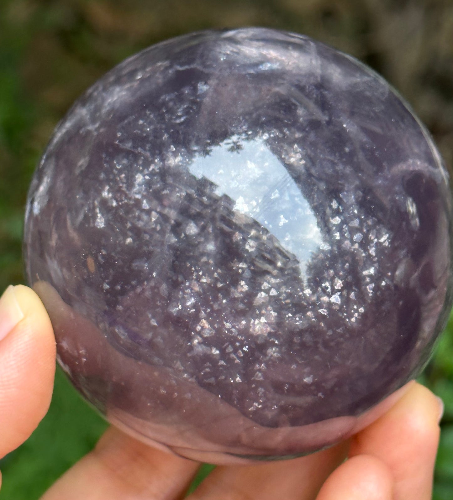 2.67" Purple Tats Fluorite Crystal Quartz Sphere with Rainbow Triangular Mica included/Yellow Fluorite Ball/Healing Stone/Reiki/Chakra/Zen