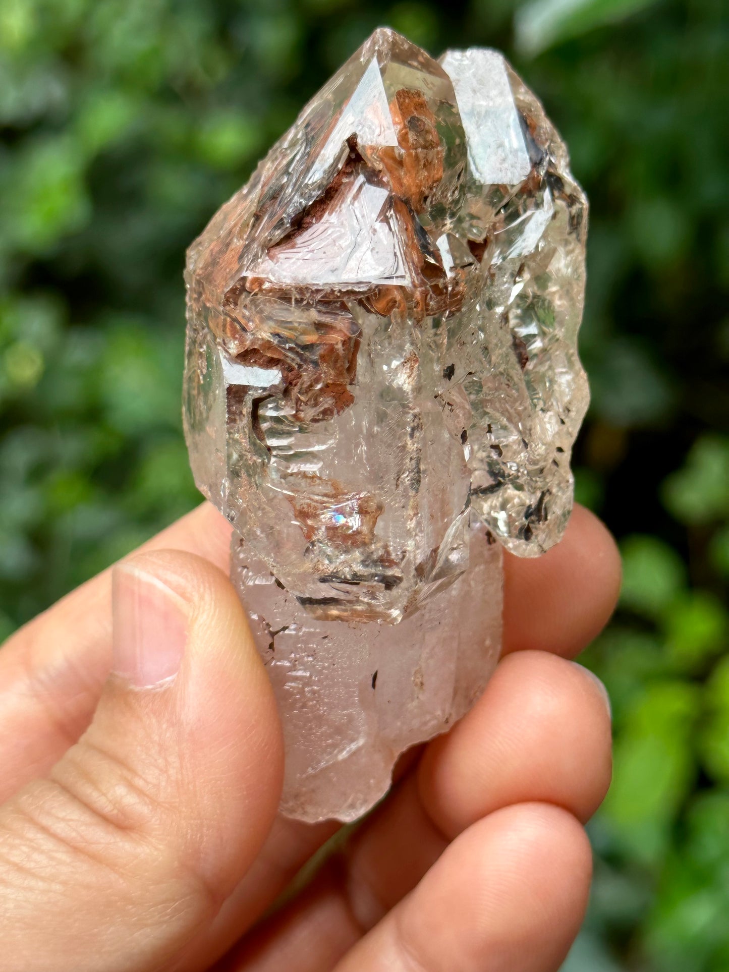 Natural Fenster Crystal Tantric Twins Skeletal Quartz Point with red soil-from Madagascar,Scepter crystal/Energy Quartz-67*34*26 mm 56 g