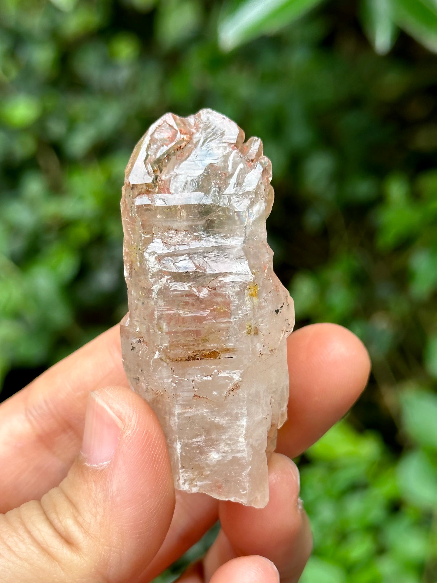 Rare Fluorescent Skeletal Enhydro Quartz Crystal Point with Red Mud-from Madagascar Scepter crystal/Energy Quartz-57*16*19mm 28g