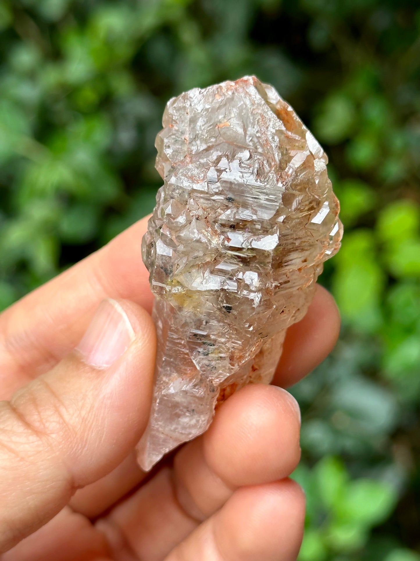 Rare Fluorescent Skeleton Fenster Quartz Crystal Point with red soil-from Madagascar Scepter Crystal/Energy Quartz-62*30*23 mm 47g