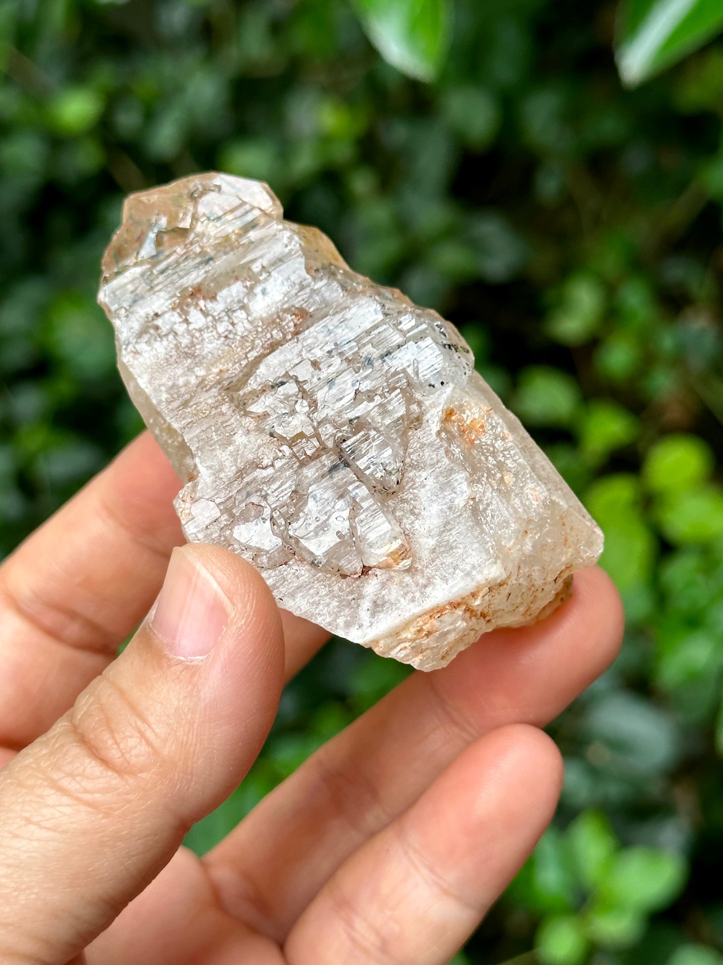 Fluorescent Skeletal Nirvana Quartz Crystal Point with Red Mud-from Madagascar Scepter crystal/Energy Quartz/Palm Stone Crystal- 73 g