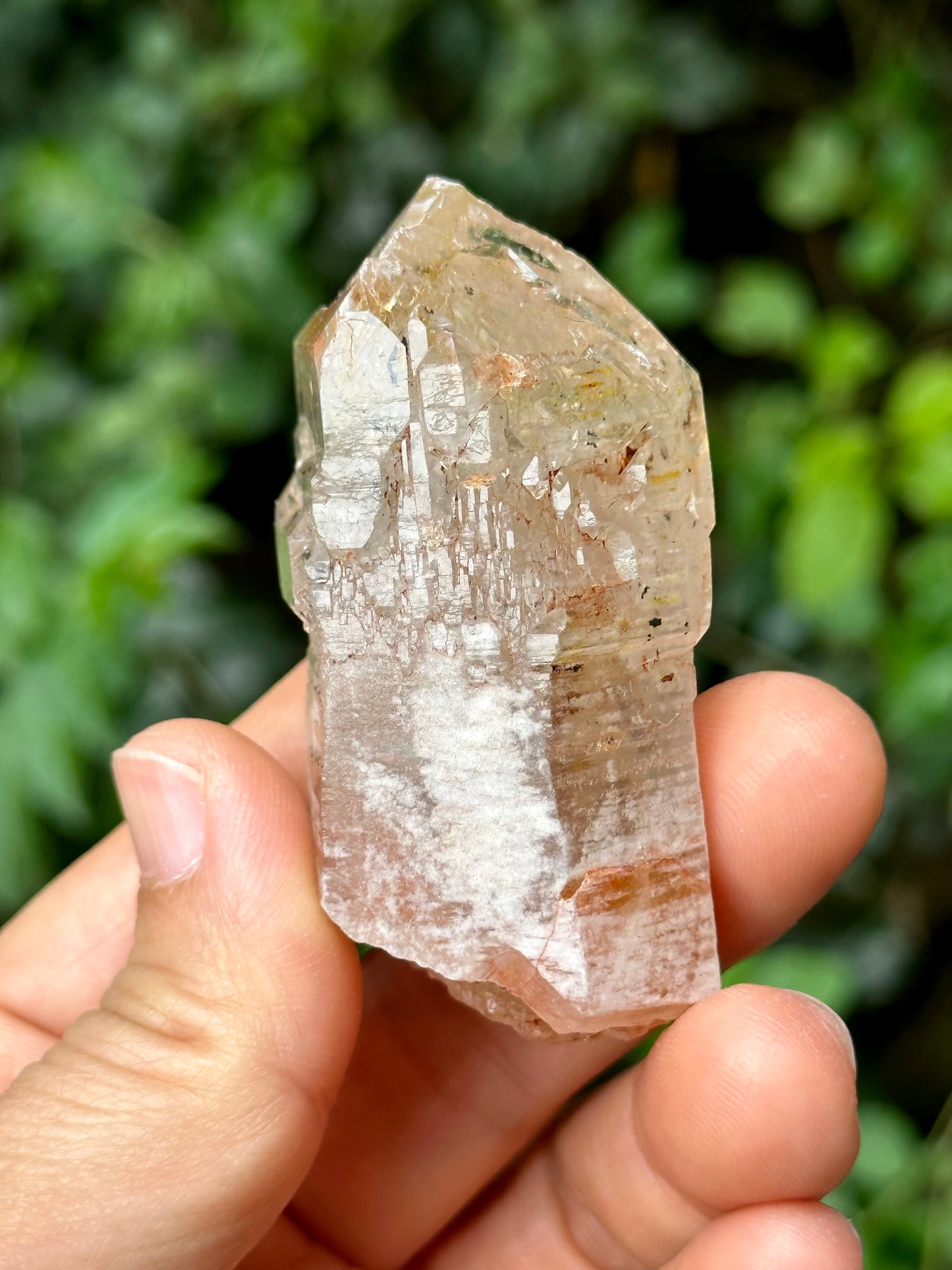 Fluorescent Skeletal Nirvana Quartz Crystal Point with Red Mud-from Madagascar Scepter crystal/Energy Quartz/Palm Stone Crystal- 61*33*24 mm 63 g