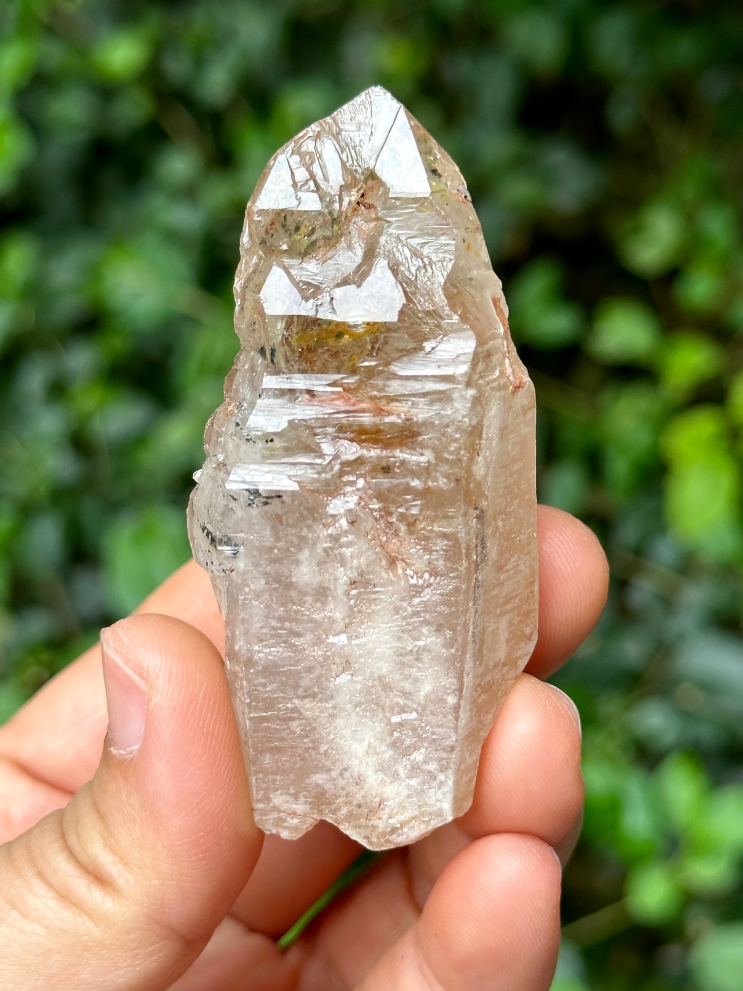 Fluorescent Skeletal Nirvana Quartz Crystal Point with Red Mud-from Madagascar Scepter crystal/Energy Quartz/Palm Stone Crystal- 73 g