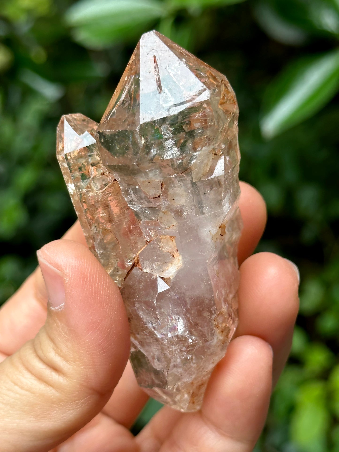 Clear Twins Fenster Crystal Double Terminated Skeletal Quartz Point -Red Mud-from Madagascar,Scepter crystal/Energy Quartz-78*30*29 mm 76 g