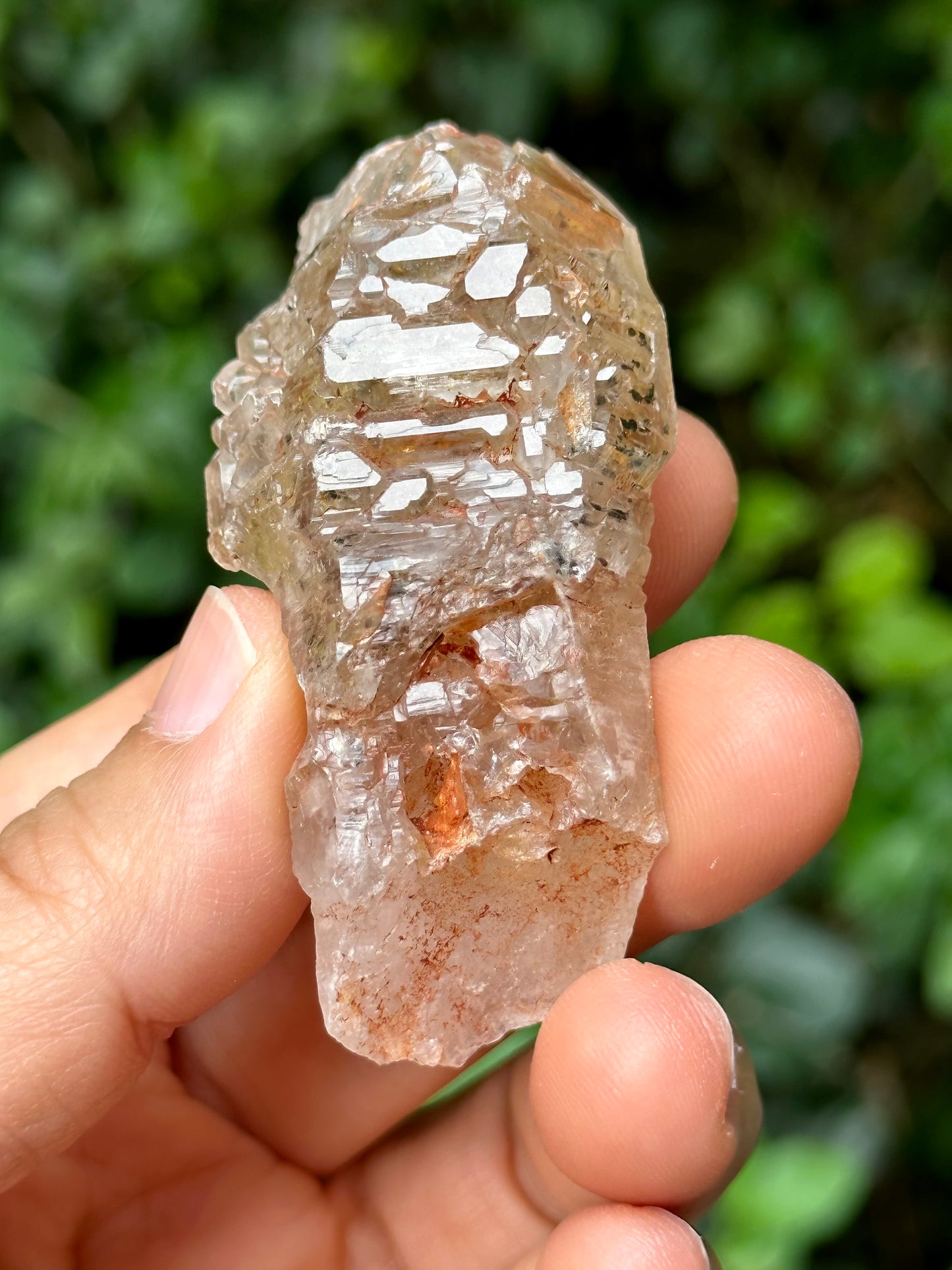 Rare Fluorescent Skeleton Fenster Quartz Crystal Point with red soil-from Madagascar Scepter Crystal/Energy Quartz-62*30*23 mm 47g