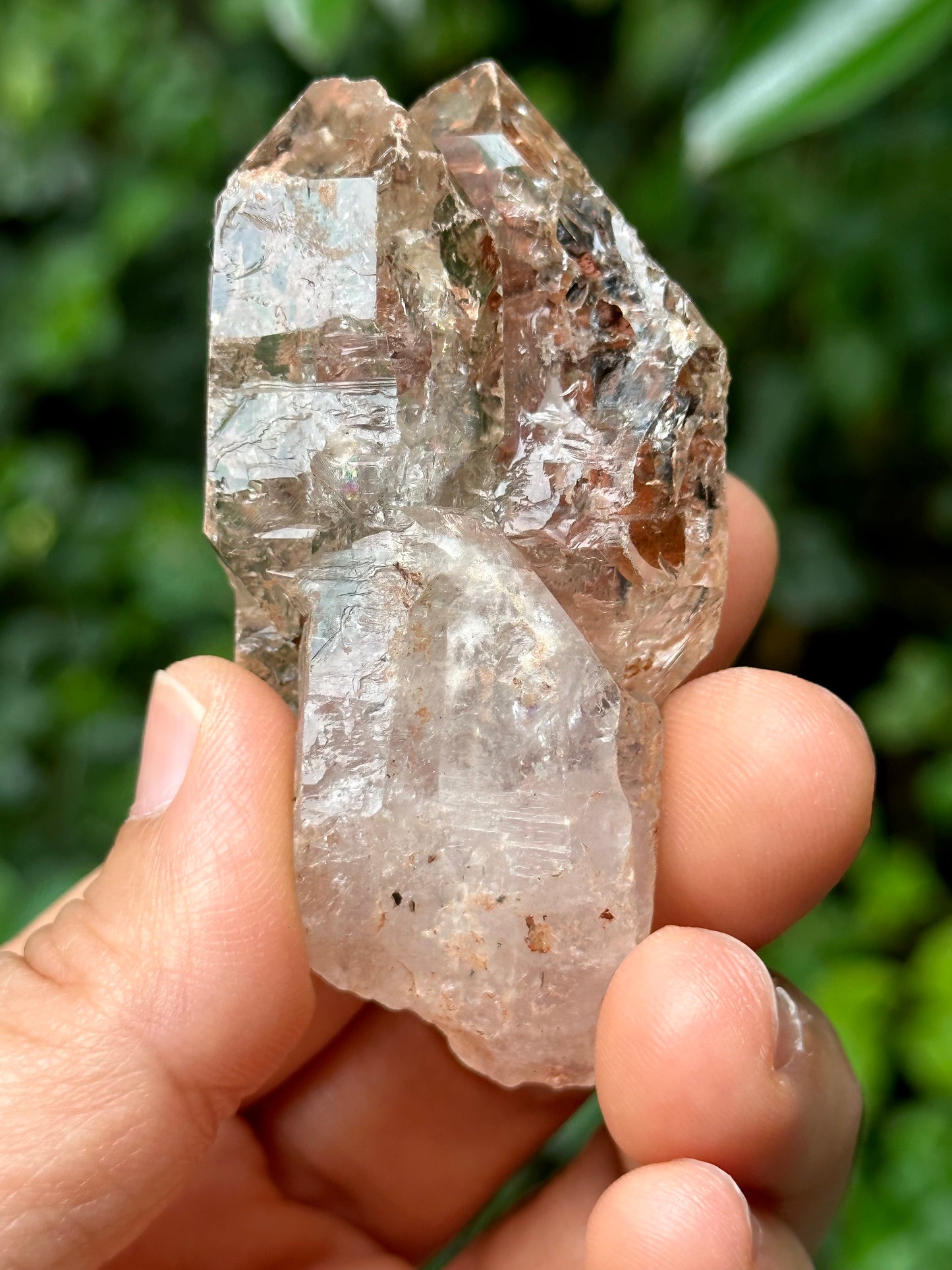 Natural Fenster Crystal Tantric Twins Skeletal Quartz Point with red soil-from Madagascar,Scepter crystal/Energy Quartz-67*34*26 mm 56 g