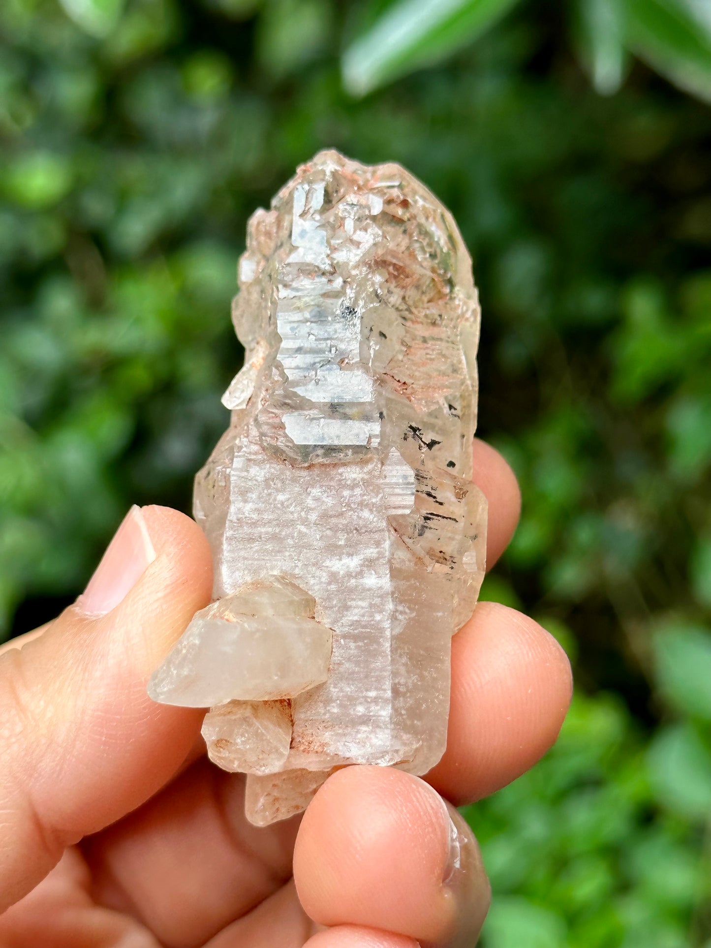 Rare Fluorescent Skeletal Enhydro Quartz Crystal Point with Red Mud-from Madagascar Scepter crystal/Energy Quartz-57*16*19mm 28g