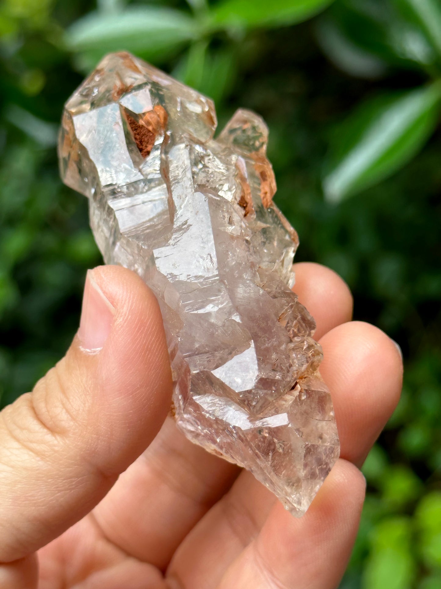 Clear Twins Fenster Crystal Double Terminated Skeletal Quartz Point -Red Mud-from Madagascar,Scepter crystal/Energy Quartz-78*30*29 mm 76 g