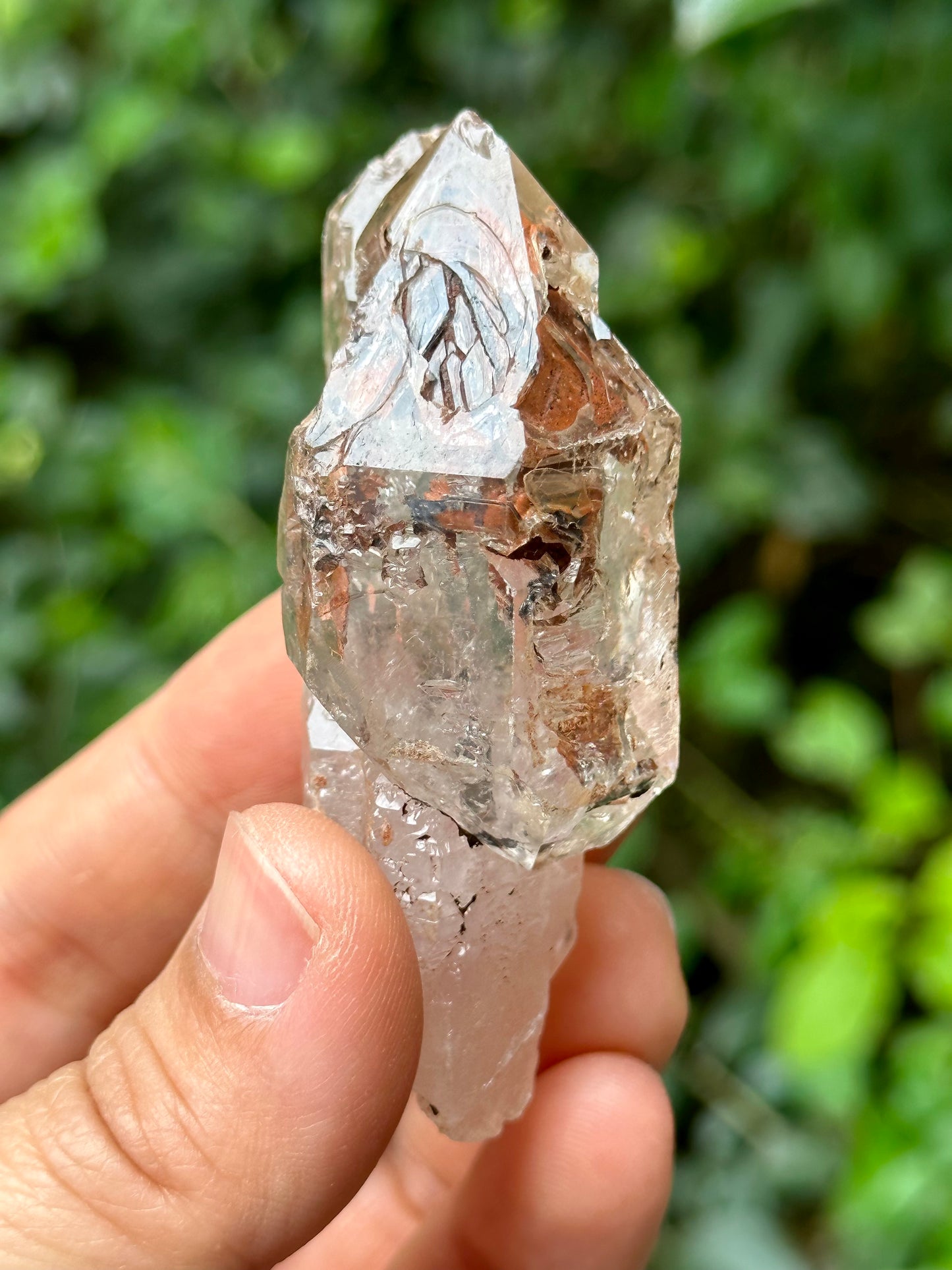 Natural Fenster Crystal Tantric Twins Skeletal Quartz Point with red soil-from Madagascar,Scepter crystal/Energy Quartz-67*34*26 mm 56 g