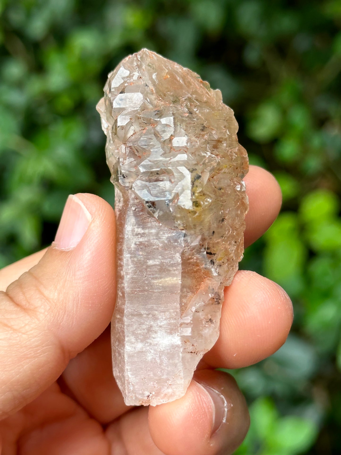 Rare Fluorescent Skeleton Fenster Quartz Crystal Point with red soil-from Madagascar Scepter Crystal/Energy Quartz-62*30*23 mm 47g