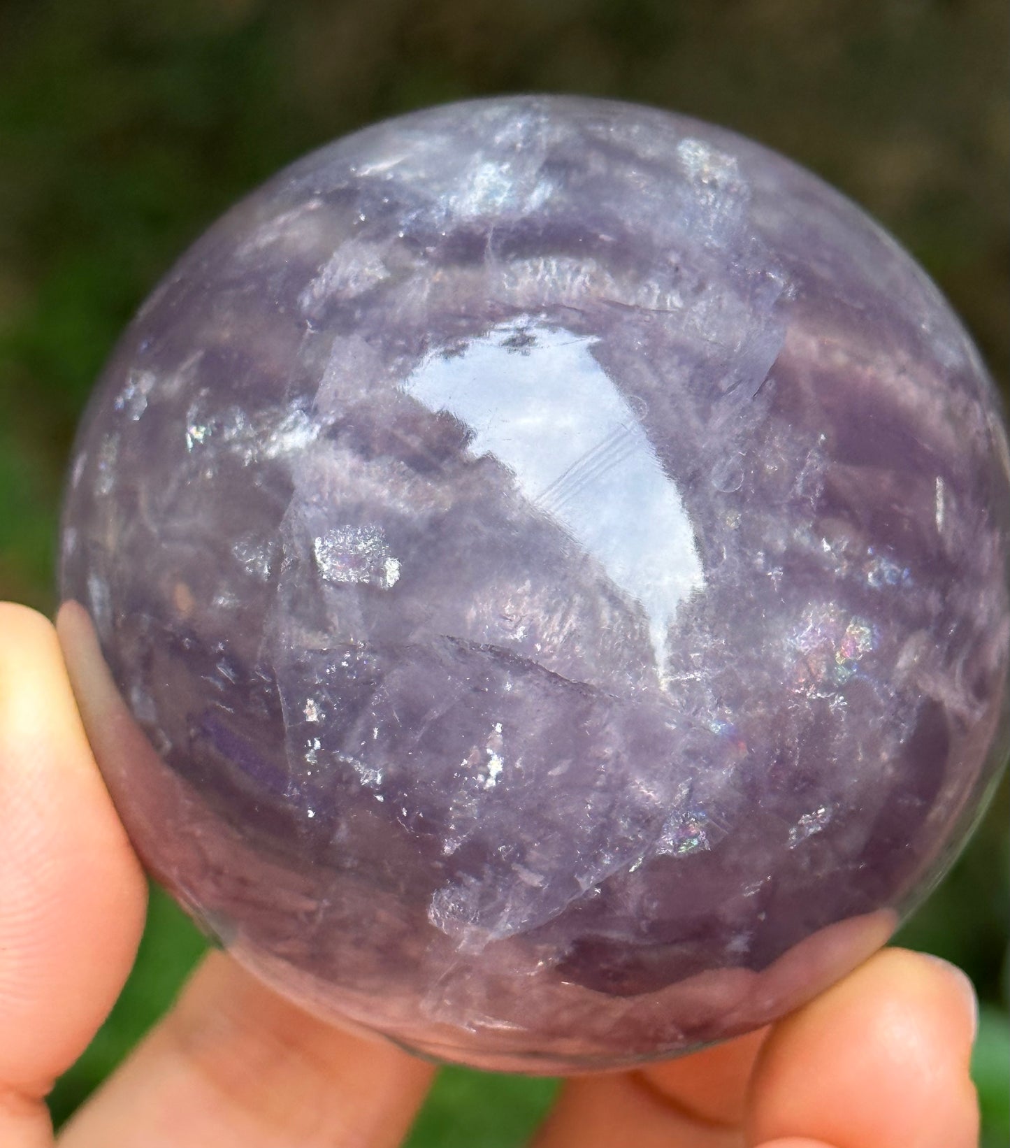 2.24" Purple Tats Fluorite Crystal Quartz Sphere with Rainbow Triangular Mica included/Yellow Fluorite Ball/Healing Stone/Reiki/Chakra/Zen