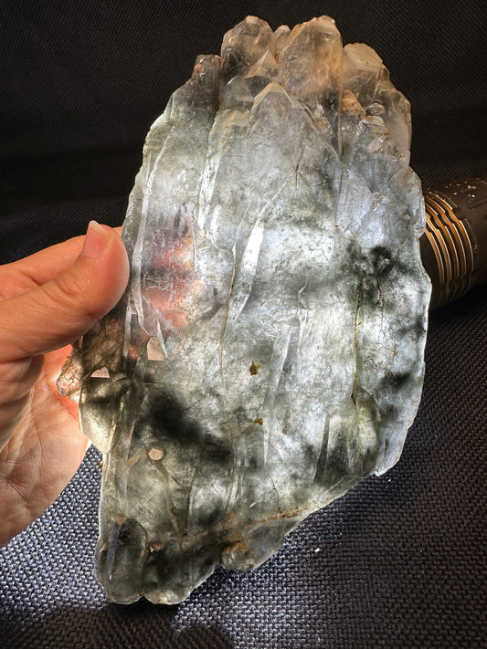 Large Flat Clear Elestial Quartz Crystal with Black Rutile included-double terminated Quartz