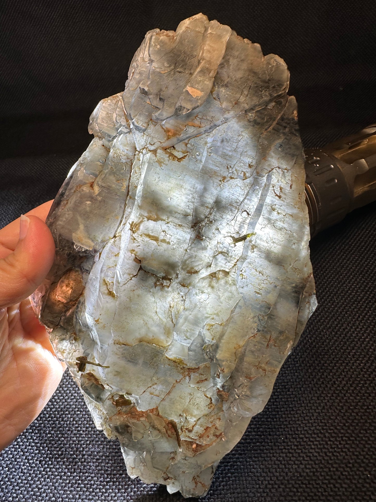 Large Flat Clear Elestial Quartz Crystal with Black Rutile included-double terminated Quartz