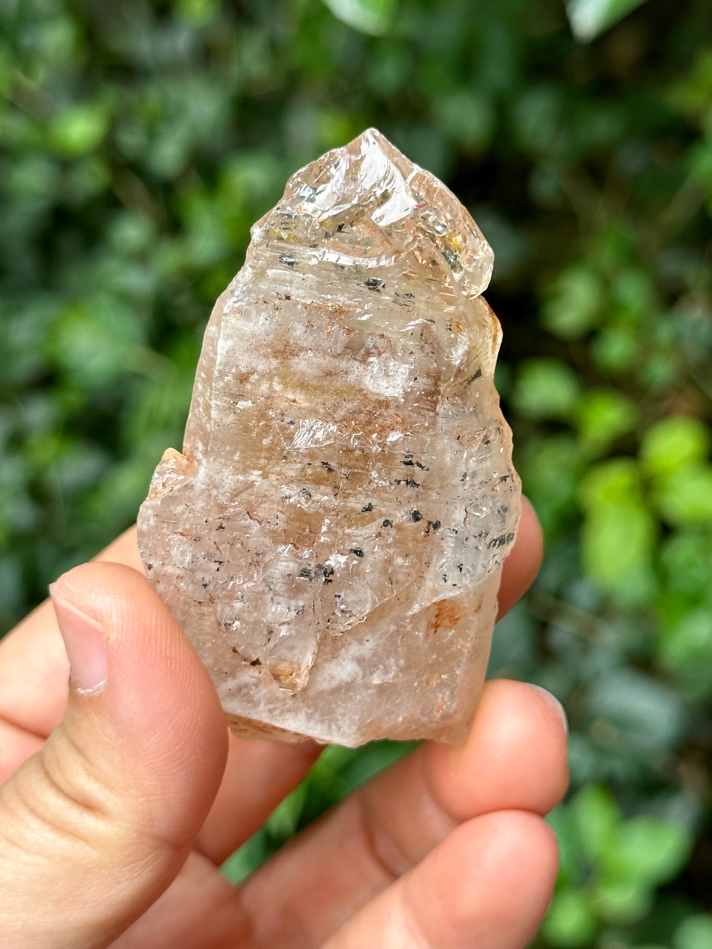 Fluorescent Skeletal Nirvana Quartz Crystal Point with Red Mud-from Madagascar Scepter crystal/Energy Quartz/Palm Stone Crystal- 73 g