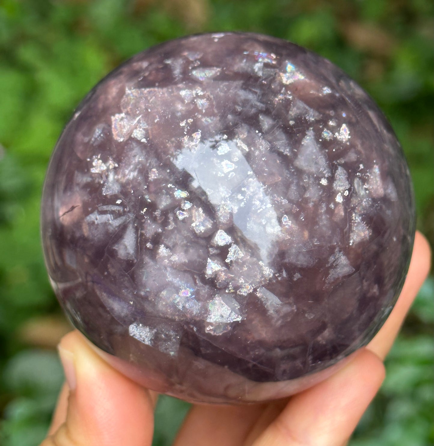 2.67" Purple Tats Fluorite Crystal Quartz Sphere with Rainbow Triangular Mica included/Yellow Fluorite Ball/Healing Stone/Reiki/Chakra/Zen