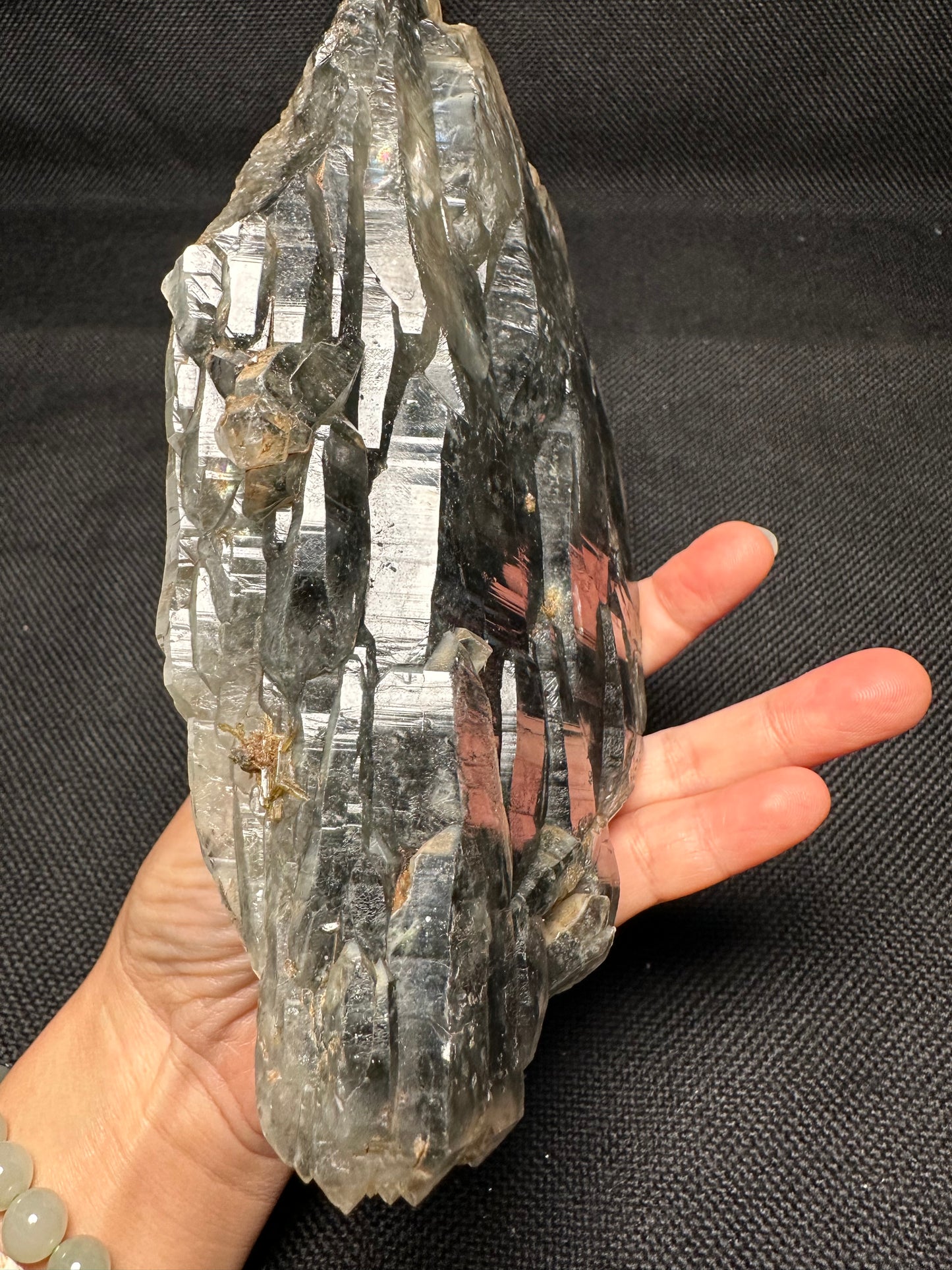 Large Flat Clear Elestial Quartz Crystal with Black Rutile included-double terminated Quartz