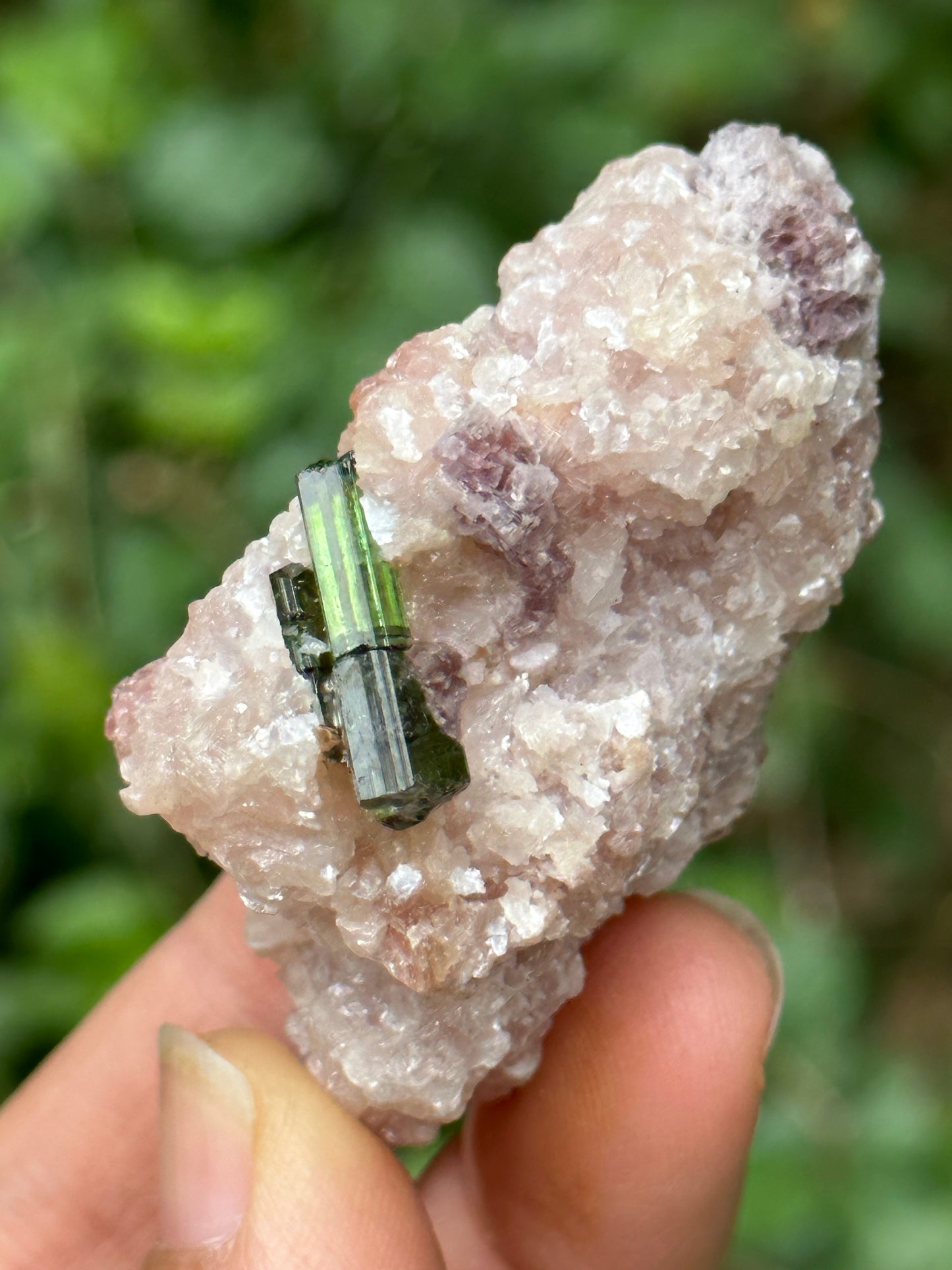 Clear Green Tourmaline Crystal Grow with Pink Muscovite Sericite