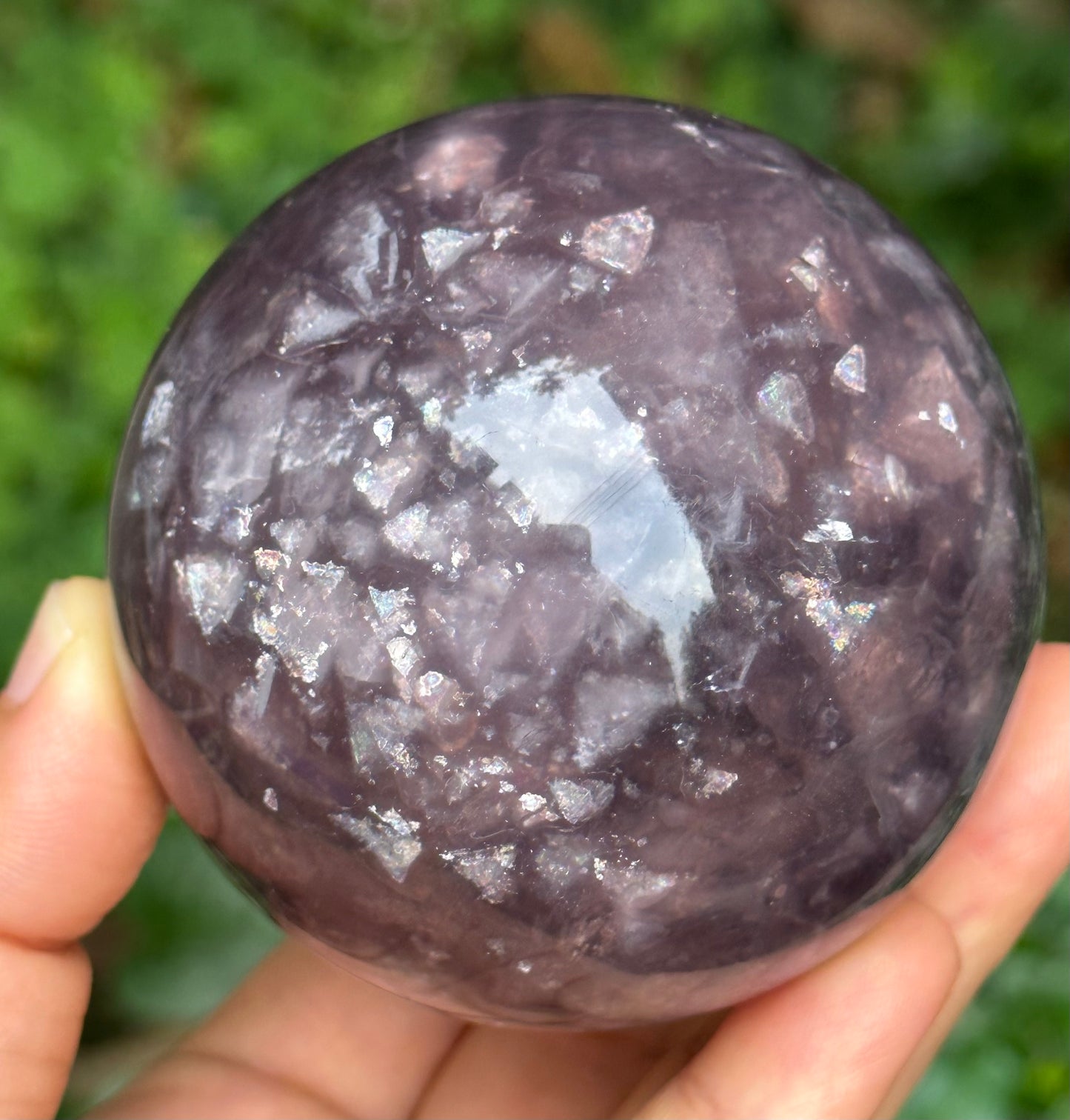 2.67" Purple Tats Fluorite Crystal Quartz Sphere with Rainbow Triangular Mica included/Yellow Fluorite Ball/Healing Stone/Reiki/Chakra/Zen