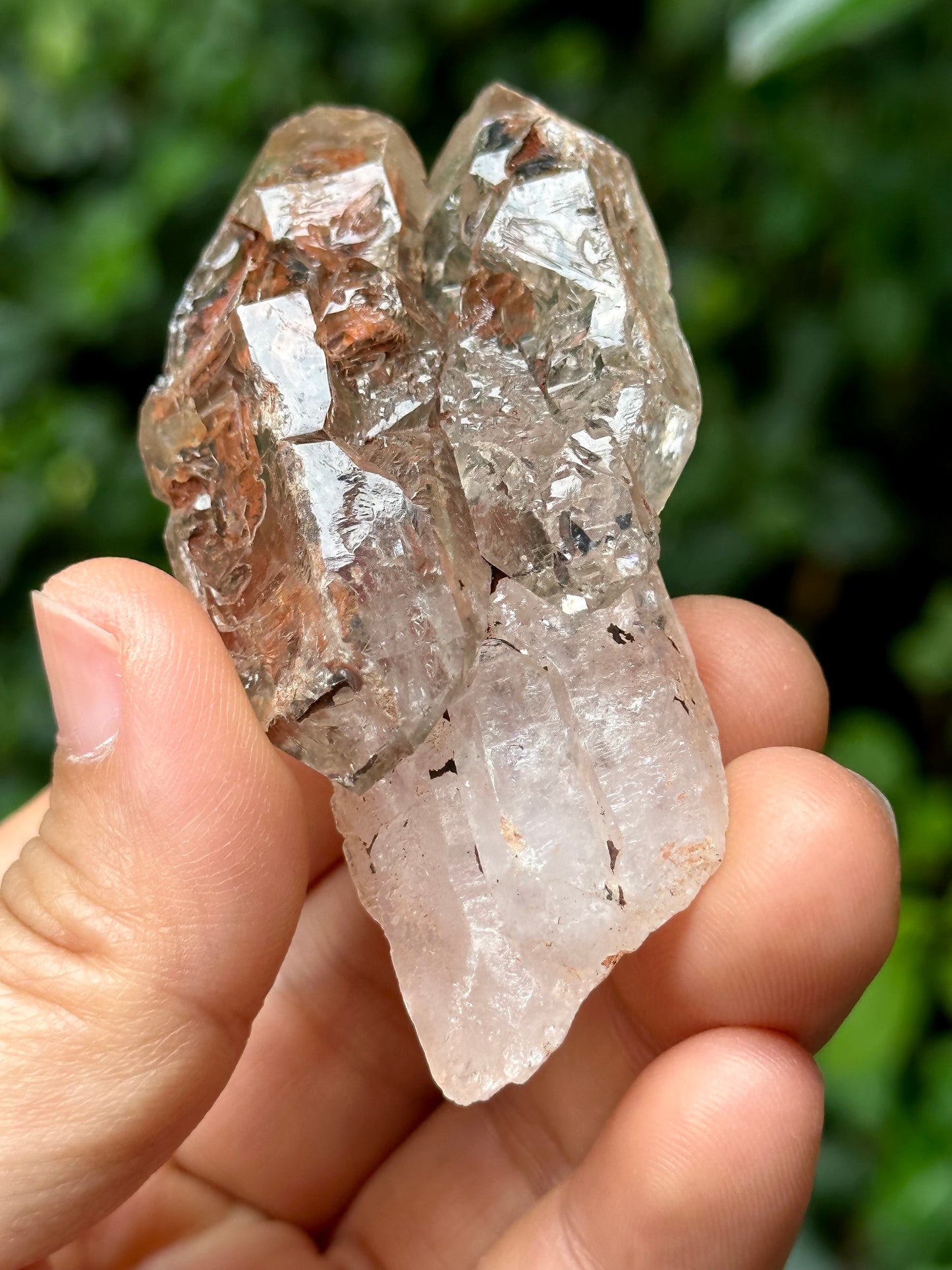 Natural Fenster Crystal Tantric Twins Skeletal Quartz Point with red soil-from Madagascar,Scepter crystal/Energy Quartz-67*34*26 mm 56 g