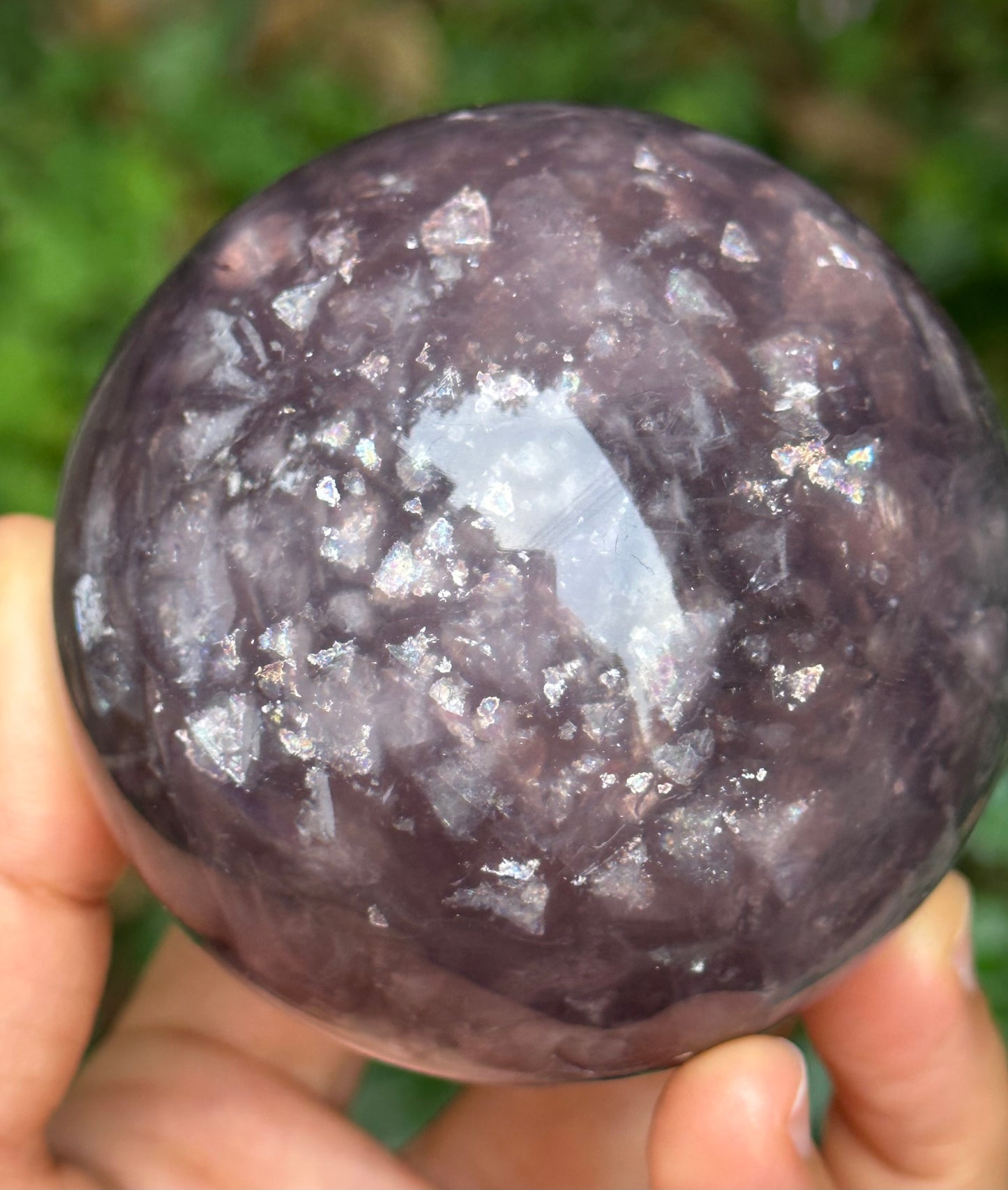 2.67" Purple Tats Fluorite Crystal Quartz Sphere with Rainbow Triangular Mica included/Yellow Fluorite Ball/Healing Stone/Reiki/Chakra/Zen