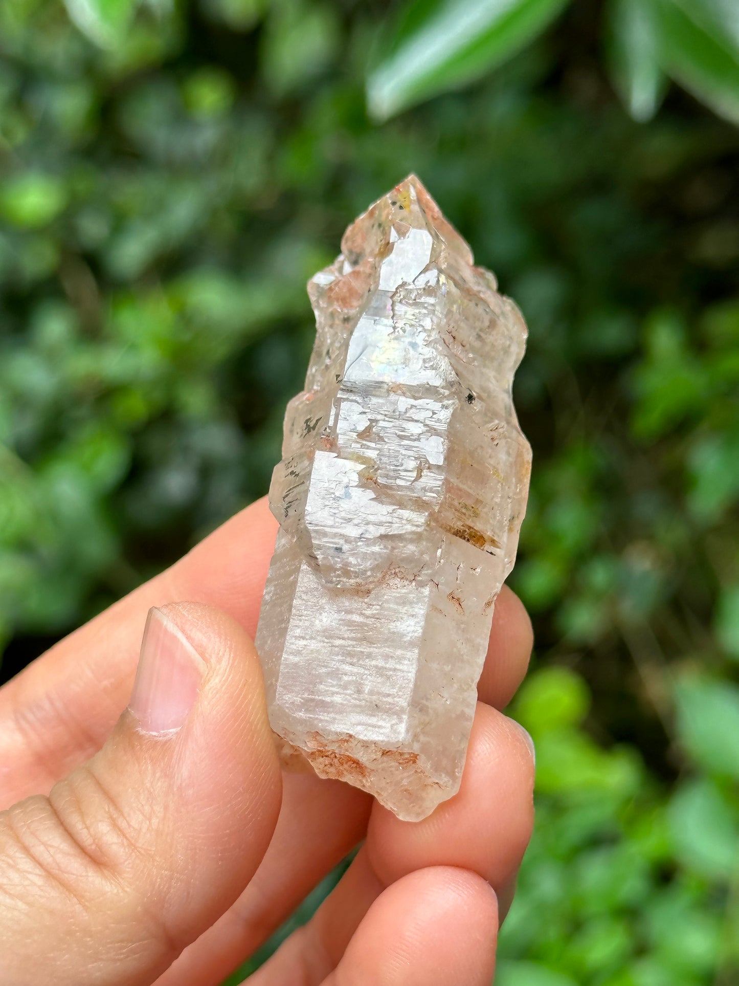 Rare Fluorescent Skeletal Enhydro Quartz Crystal Point with Red Mud-from Madagascar Scepter crystal/Energy Quartz-57*16*19mm 28g