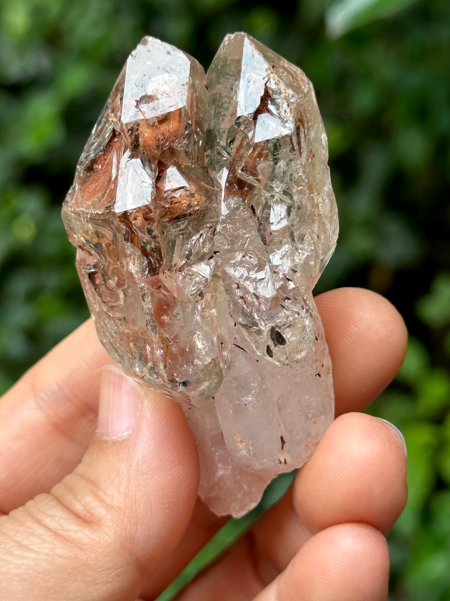 Natural Fenster Crystal Tantric Twins Skeletal Quartz Point with red soil-from Madagascar,Scepter crystal/Energy Quartz-67*34*26 mm 56 g