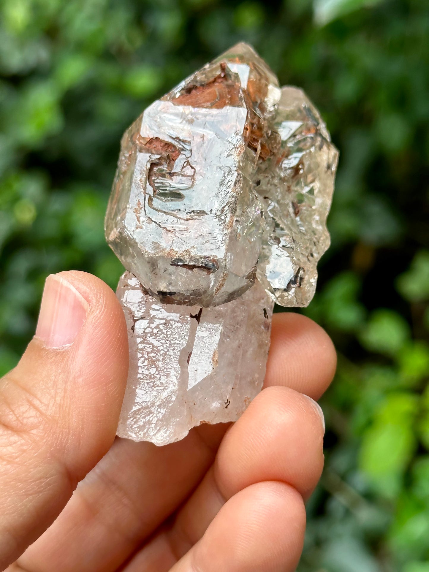 Natural Fenster Crystal Tantric Twins Skeletal Quartz Point with red soil-from Madagascar,Scepter crystal/Energy Quartz-67*34*26 mm 56 g