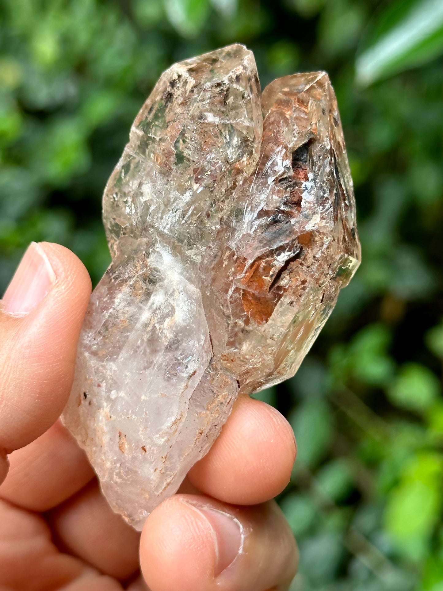 Natural Fenster Crystal Tantric Twins Skeletal Quartz Point with red soil-from Madagascar,Scepter crystal/Energy Quartz-67*34*26 mm 56 g