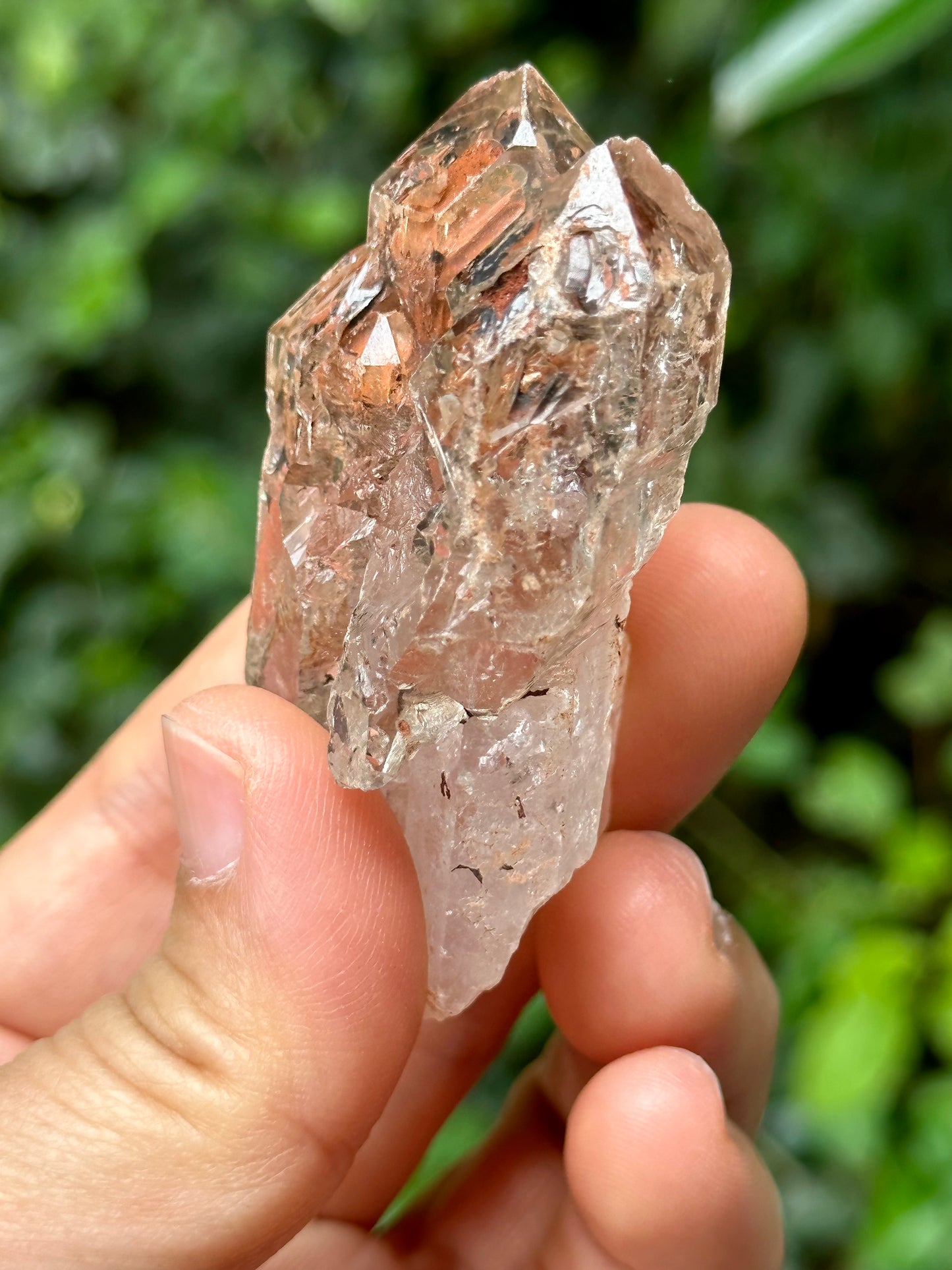 Natural Fenster Crystal Tantric Twins Skeletal Quartz Point with red soil-from Madagascar,Scepter crystal/Energy Quartz-67*34*26 mm 56 g