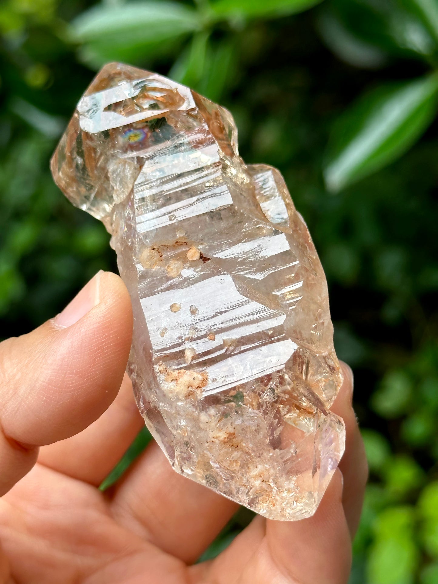 Clear Twins Fenster Crystal Double Terminated Skeletal Quartz Point -Red Mud-from Madagascar,Scepter crystal/Energy Quartz-78*30*29 mm 76 g