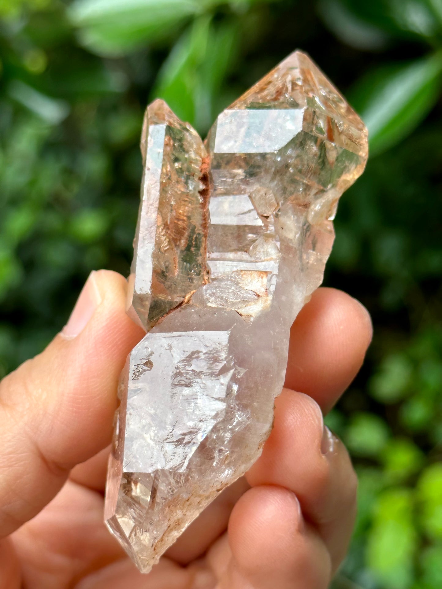 Clear Twins Fenster Crystal Double Terminated Skeletal Quartz Point -Red Mud-from Madagascar,Scepter crystal/Energy Quartz-78*30*29 mm 76 g