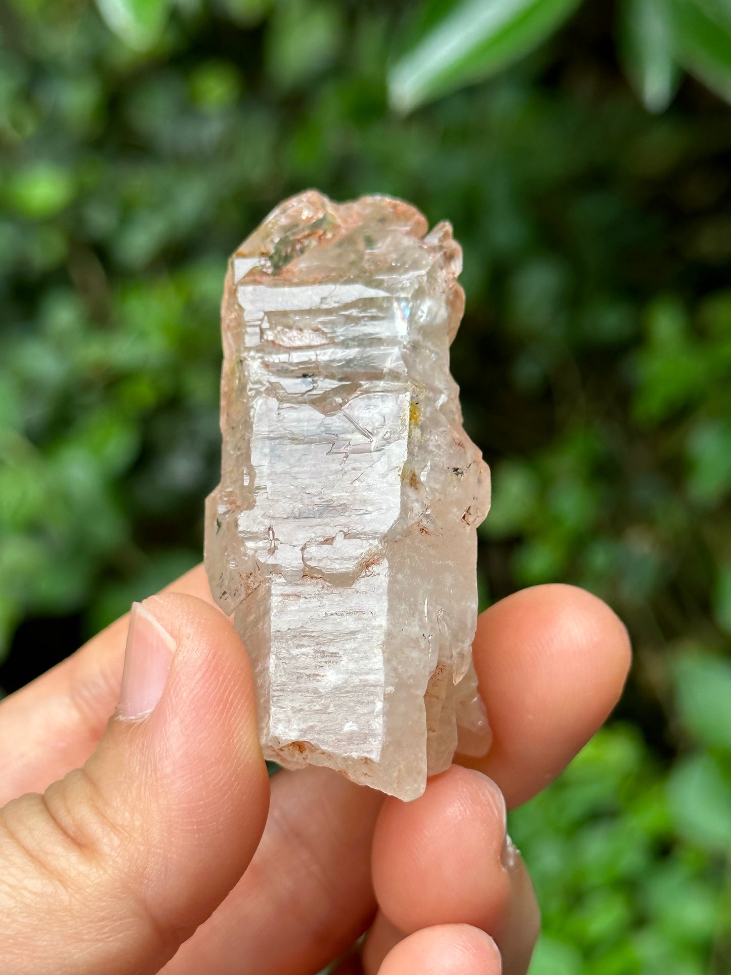 Rare Fluorescent Skeletal Enhydro Quartz Crystal Point with Red Mud-from Madagascar Scepter crystal/Energy Quartz-57*16*19mm 28g