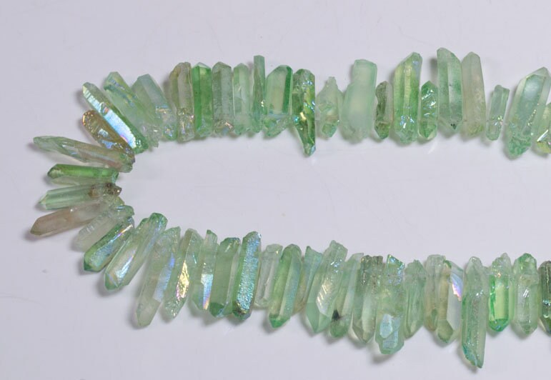 Rainbow Sheen Light Green Titanium Raw Crystal Quartz Points/Aqua Aura Spirit Quartz Beads For Crown,Pendant,Earring-Approx. 15~30mm-Drilled