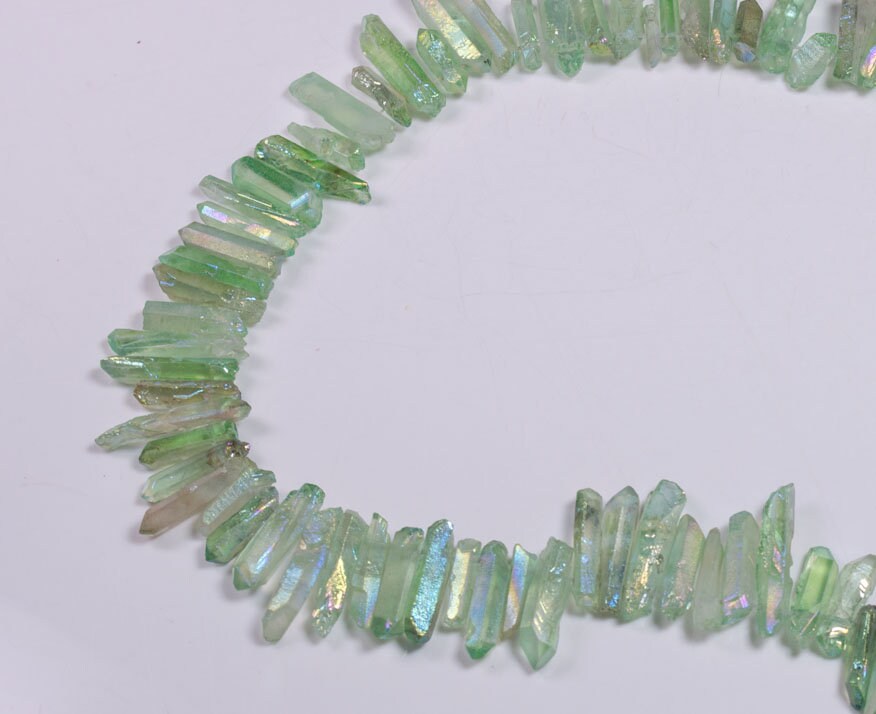 Rainbow Sheen Light Green Titanium Raw Crystal Quartz Points/Aqua Aura Spirit Quartz Beads For Crown,Pendant,Earring-Approx. 15~30mm-Drilled