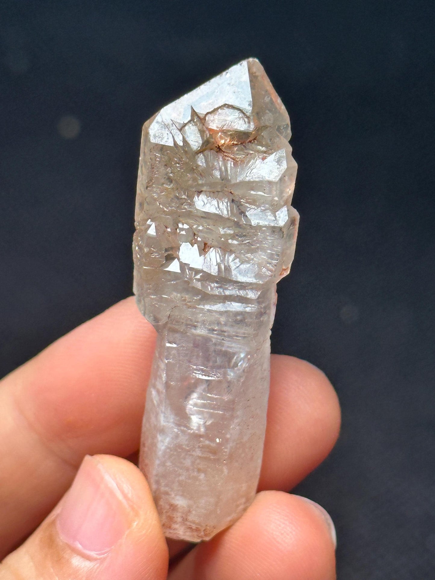 Fluorescent Skeletal Fenster Quartz Crystal Point with Red Mud-Madagascar Scepter Crystal/Energy Quartz/Palm Healing Crystal/Meditation-16 g