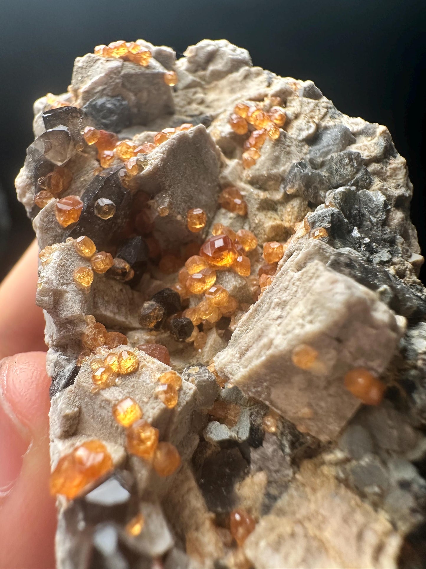 Natural Tangerine Garnet Grow with Smoky Quartz Crystal Cluster/Chakra/Energy Quartz/Palm Garnet Specimen/Meditation/Worry Stone-66g