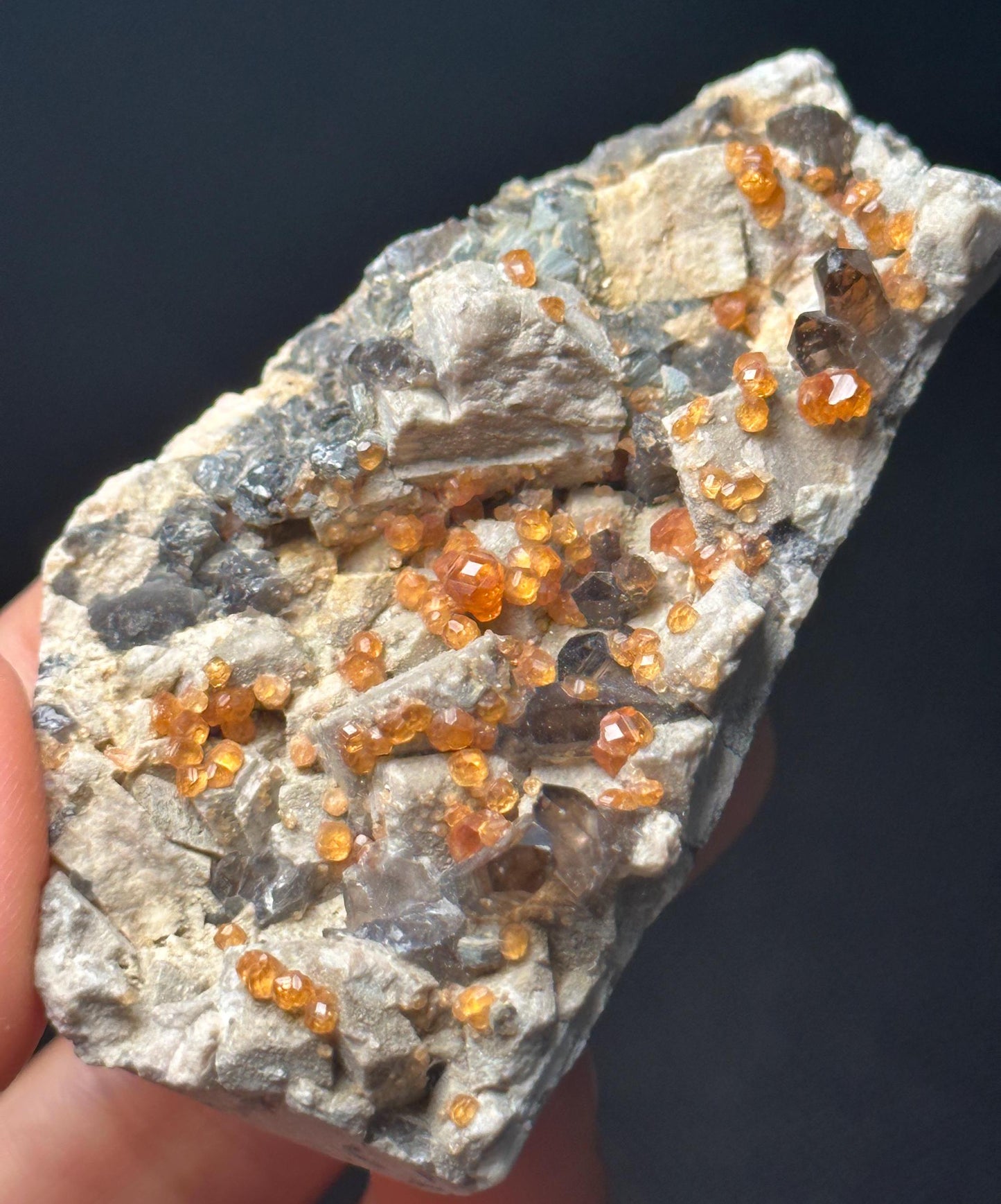 Natural Tangerine Garnet Grow with Smoky Quartz Crystal Cluster/Chakra/Energy Quartz/Palm Garnet Specimen/Meditation/Worry Stone-66g