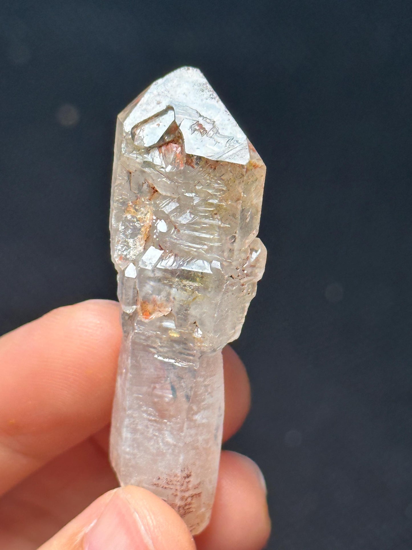 Fluorescent Skeletal Fenster Quartz Crystal Point with Red Mud-Madagascar Scepter Crystal/Energy Quartz/Palm Healing Crystal/Meditation-16 g