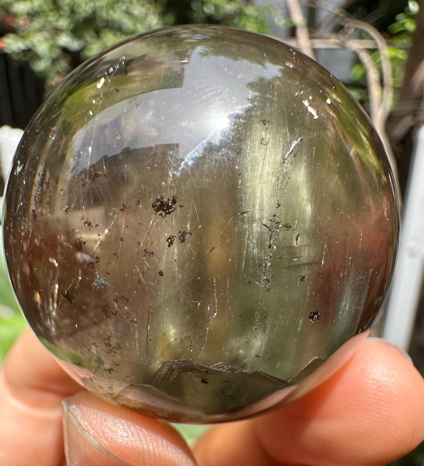 Green+Golden Amphibole Included in Quartz Green Phantom Crystal Sphere/Inclusion Quartz Ball/Garden Scenic Crystal Sphere Collection-43 mm