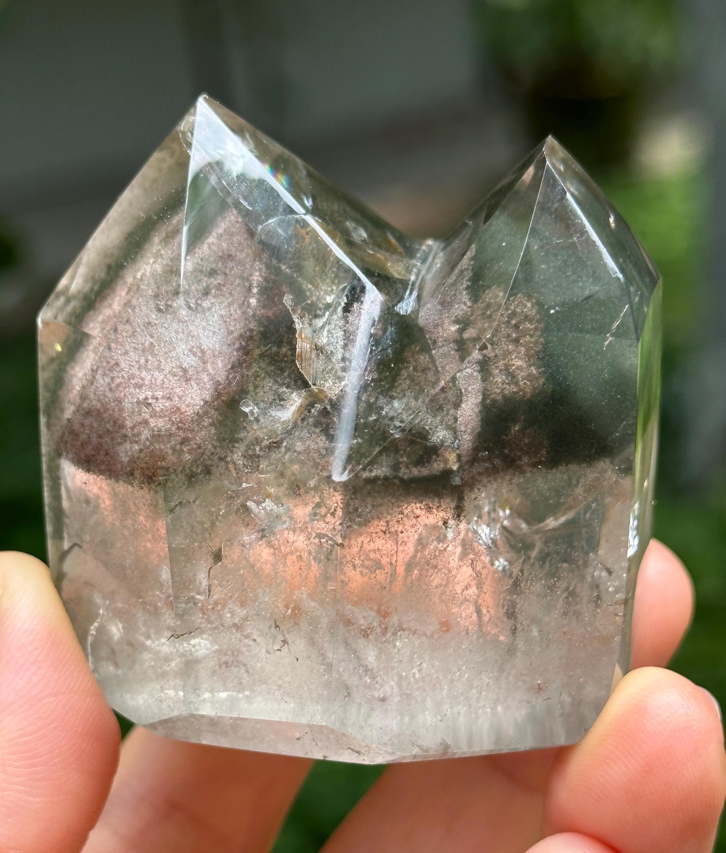 Natural Twins Clear Green Phantom Chlorite Included in Quartz Crystal Point-Polished/Inclusion Quartz/Garden Scenic Crystal Collection-166 g