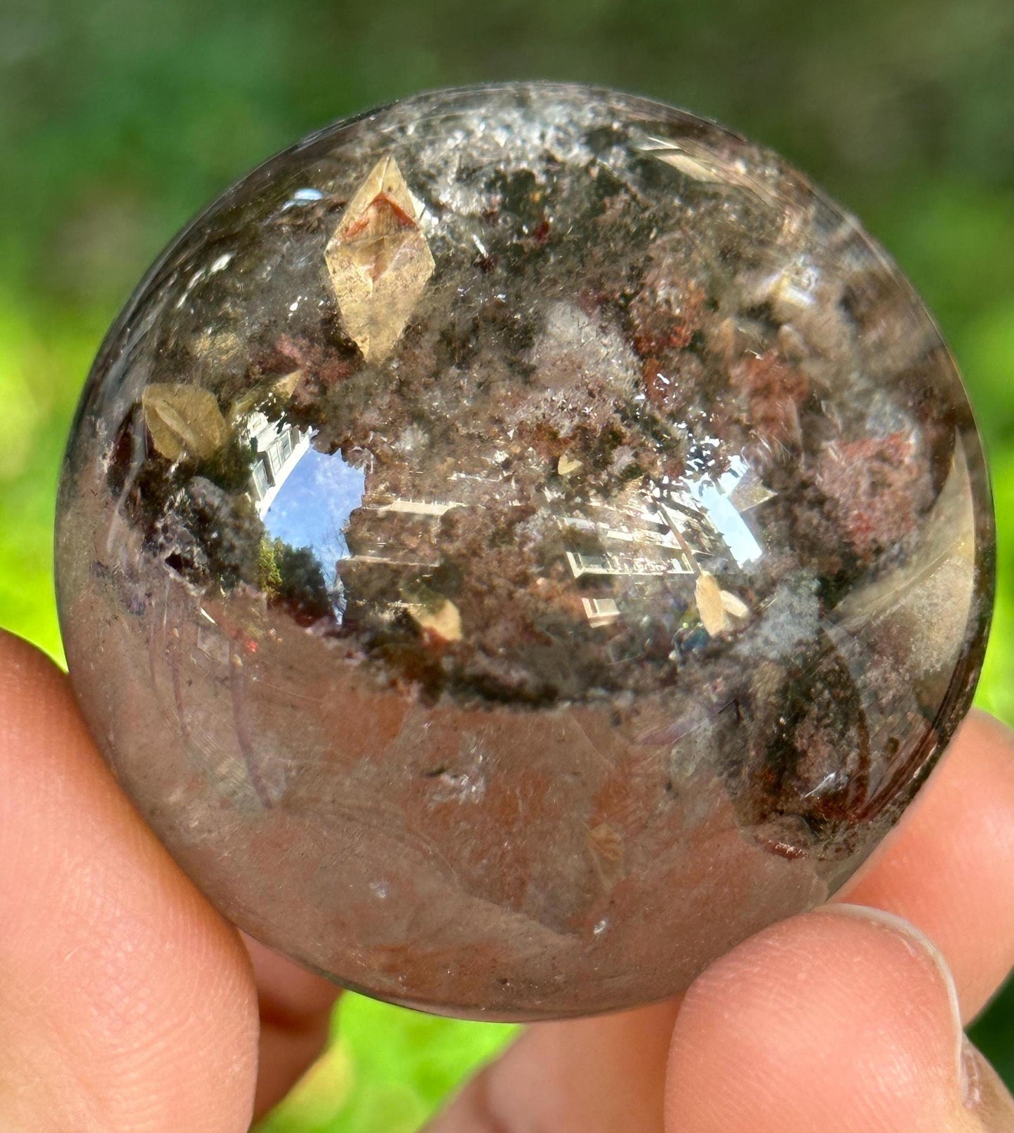 Natural Golden Sphene Green Phantom Included in Quartz Crystal Sphere/Inclusion Quartz Ball/Garden Scenic Crystal Sphere-42 mm