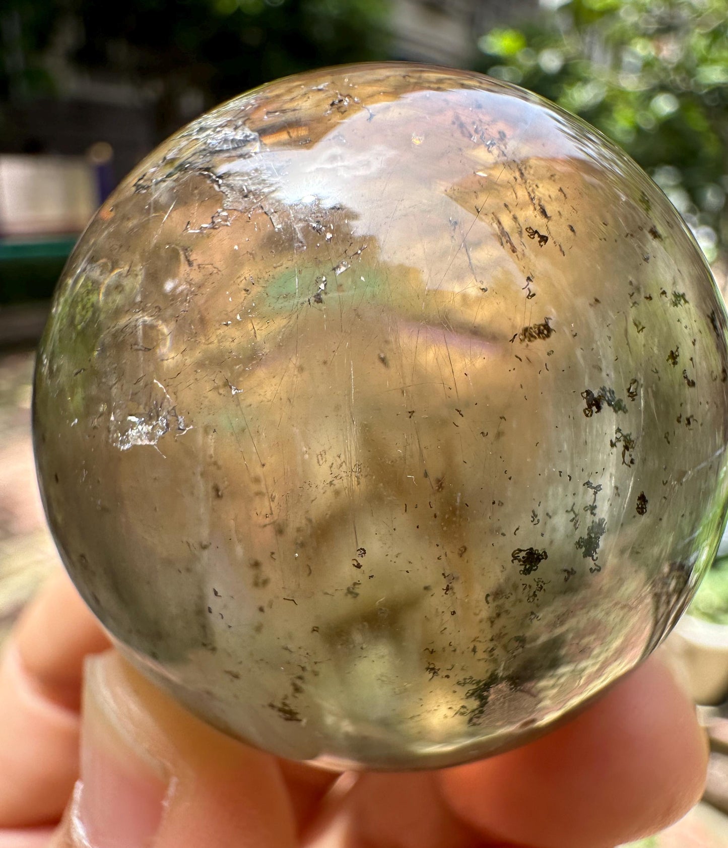 Green+Golden Amphibole Included in Quartz Green Phantom Crystal Sphere/Inclusion Quartz Ball/Garden Scenic Crystal Sphere Collection-43 mm