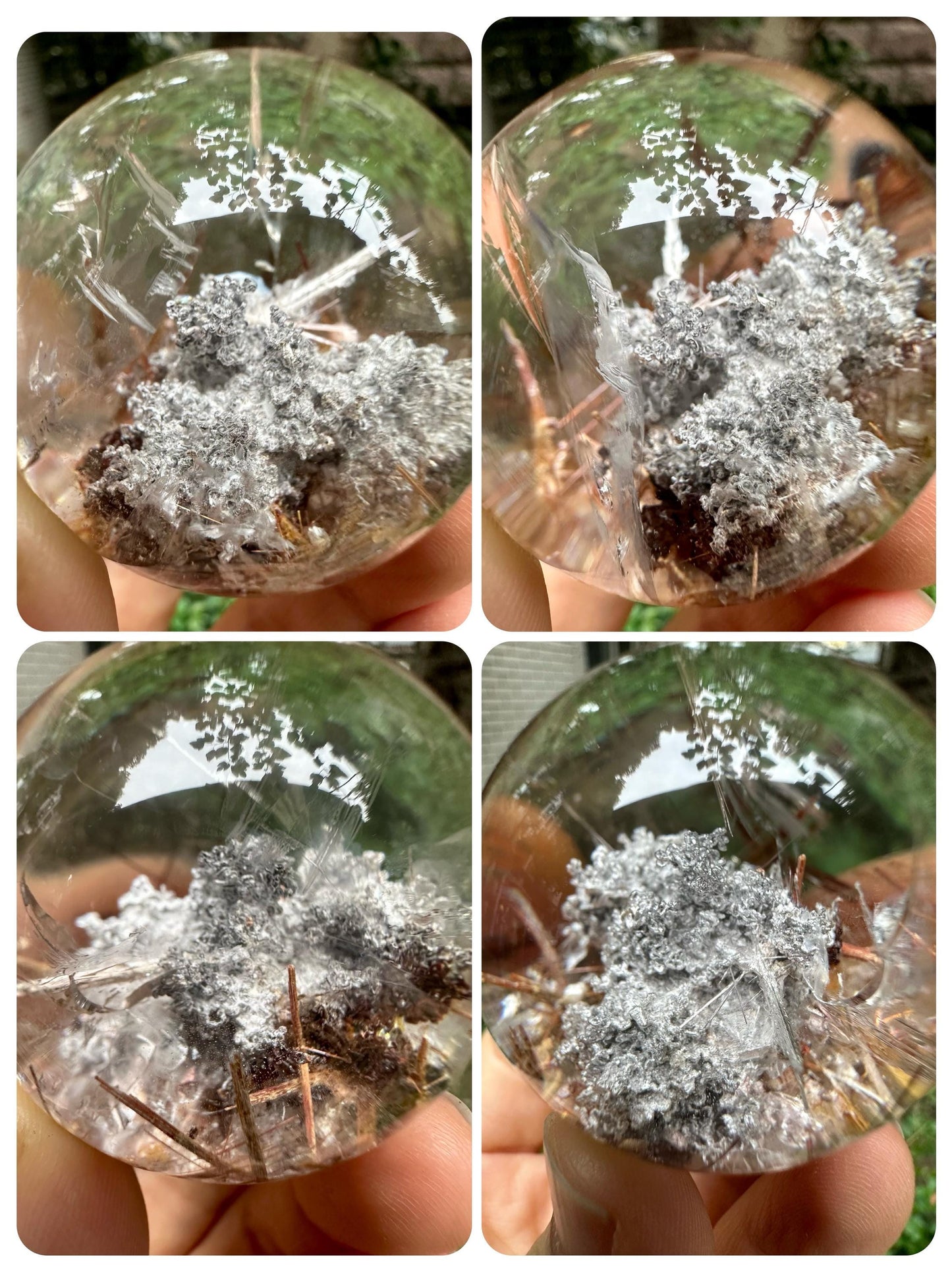 Clear Dazzling Purple Phantom+Rutilated Quartz Crystal Sphere/Inclusion Chlorite Scenic Crystal Ball/Garden Quartz Sphere/Mud Included-44 mm