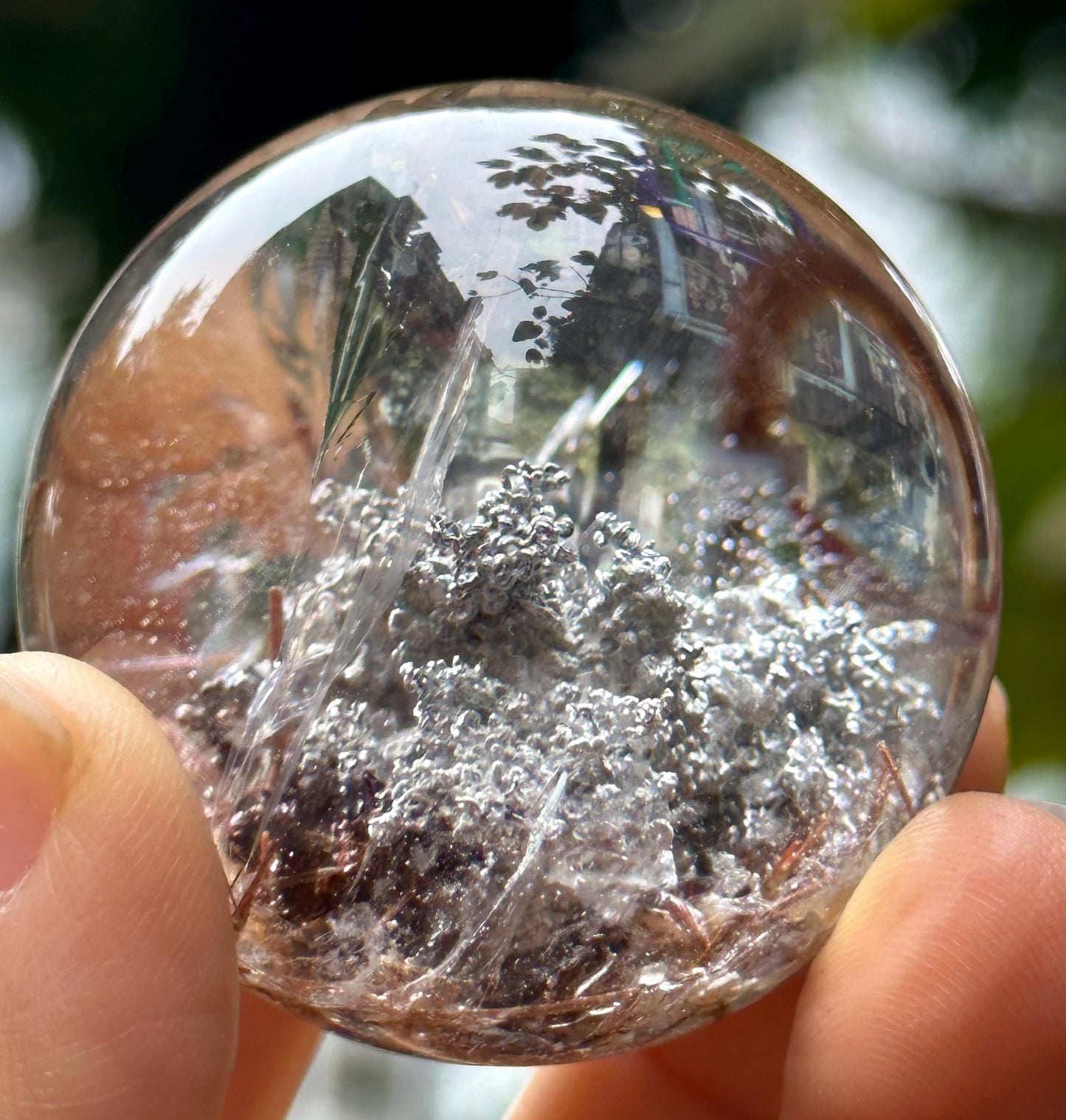 Clear Dazzling Purple Phantom+Rutilated Quartz Crystal Sphere/Inclusion Chlorite Scenic Crystal Ball/Garden Quartz Sphere/Mud Included-44 mm